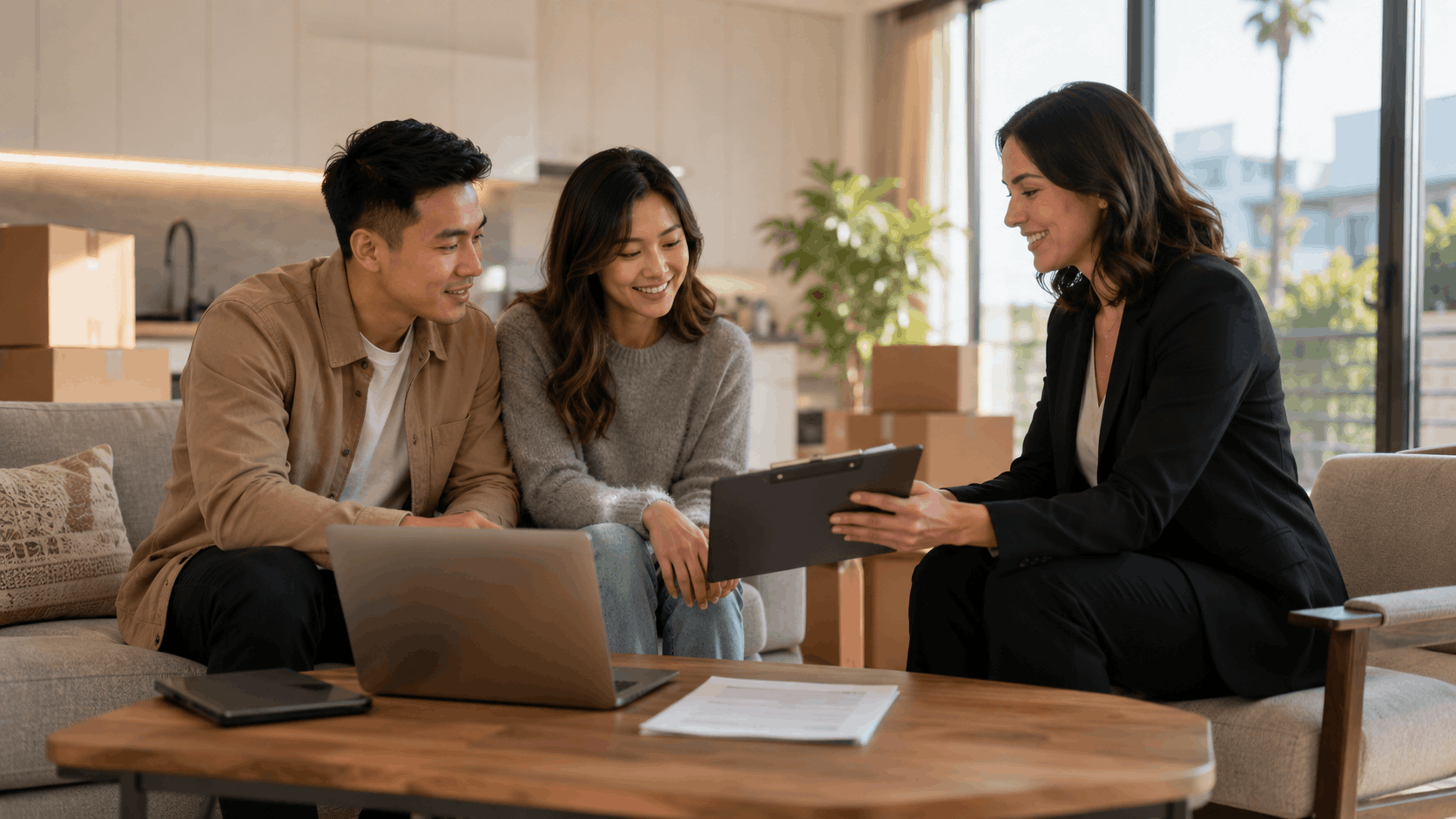 Young couple reviewing Culver City moving costs with a real estate agent and clipboard