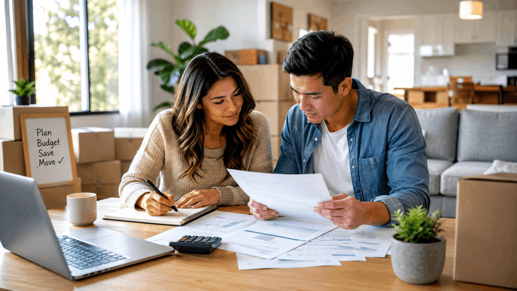 Young couple reviewing moving budget documents and financial paperwork at home