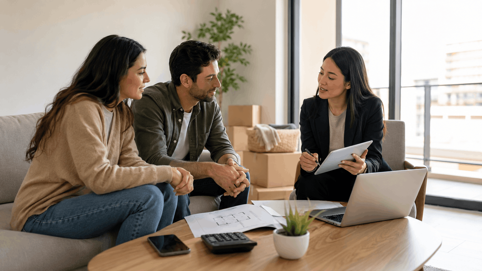 Real estate agent showing moving plans to couple with boxes in background