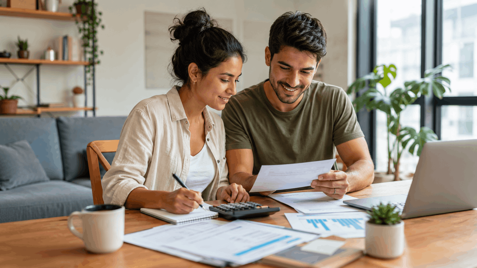 Young couple smiling while reviewing moving budget documents and calculator at home