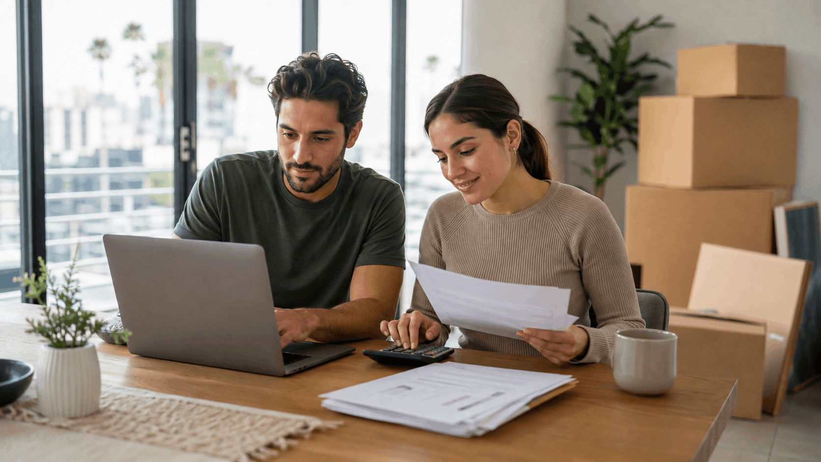 Young couple reviewing moving documents and calculating relocation costs with laptop and boxes