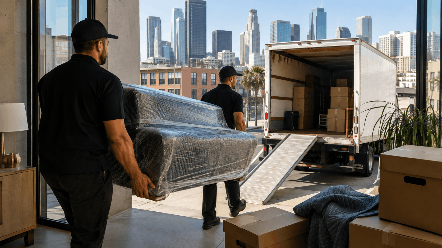 Two professional movers carrying wrapped sofa toward moving truck in downtown Los Angeles