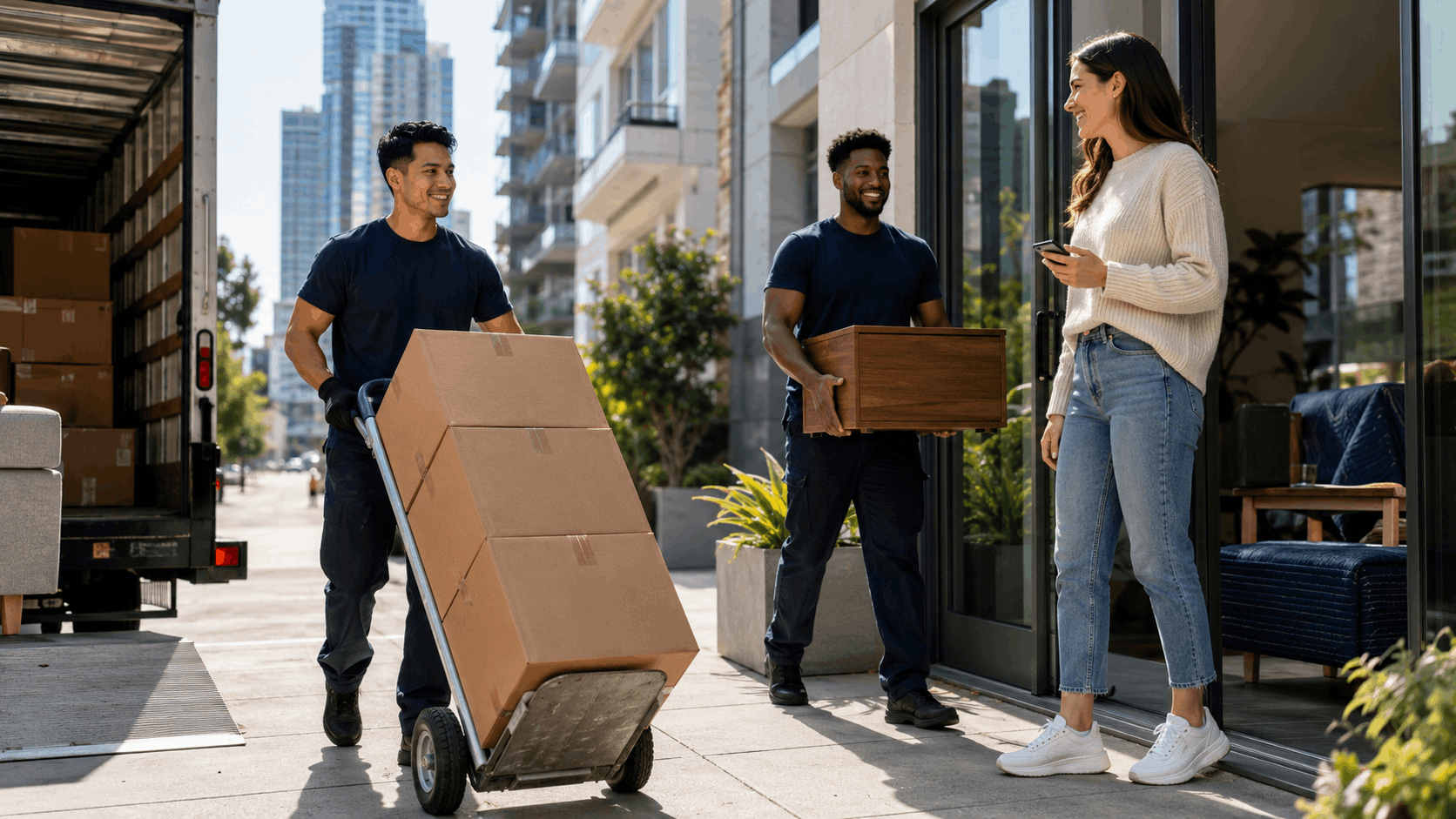 Two professional movers delivering boxes and furniture to smiling woman in Los Angeles