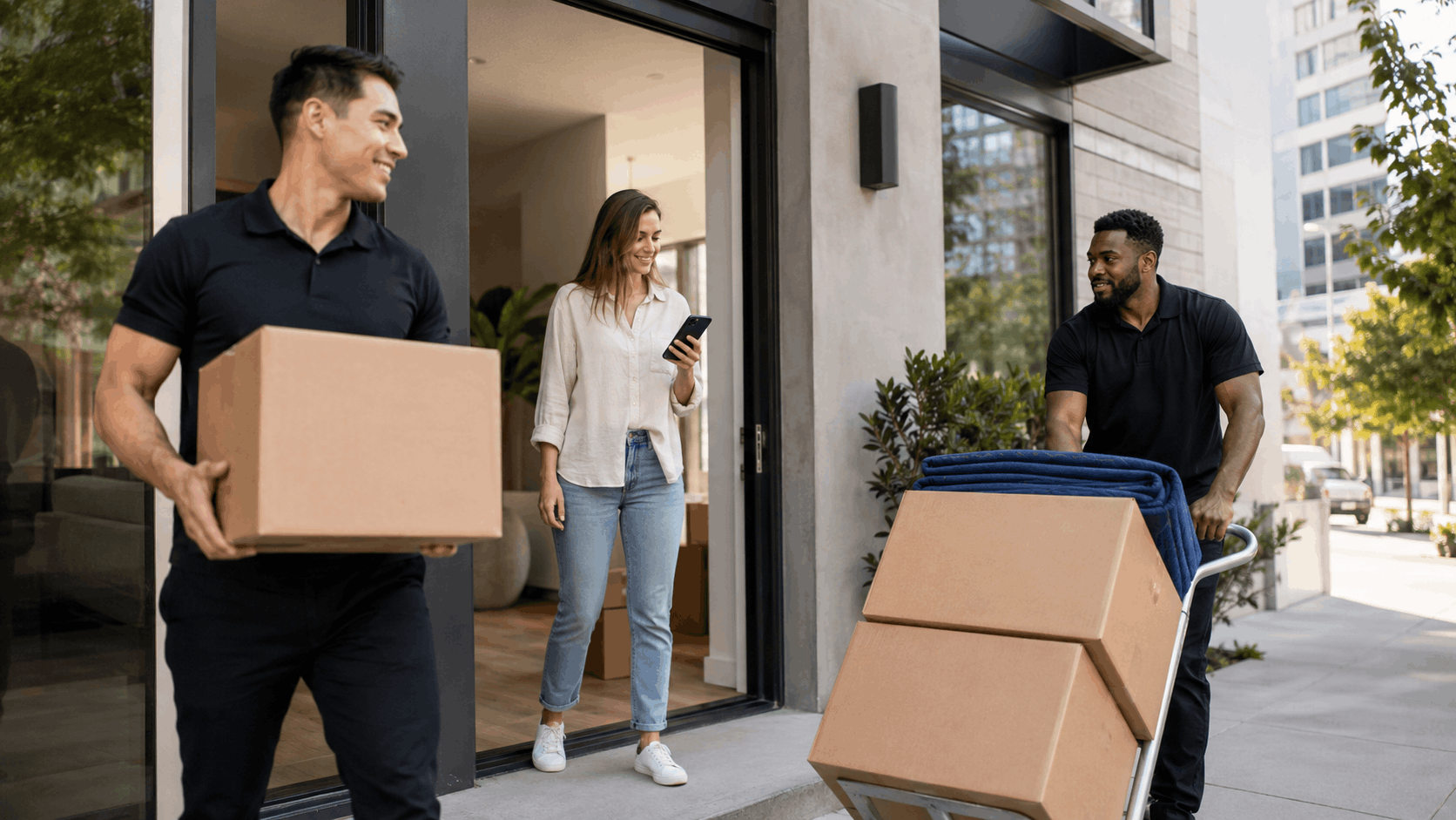 Two movers carrying boxes help woman during DTLA apartment move