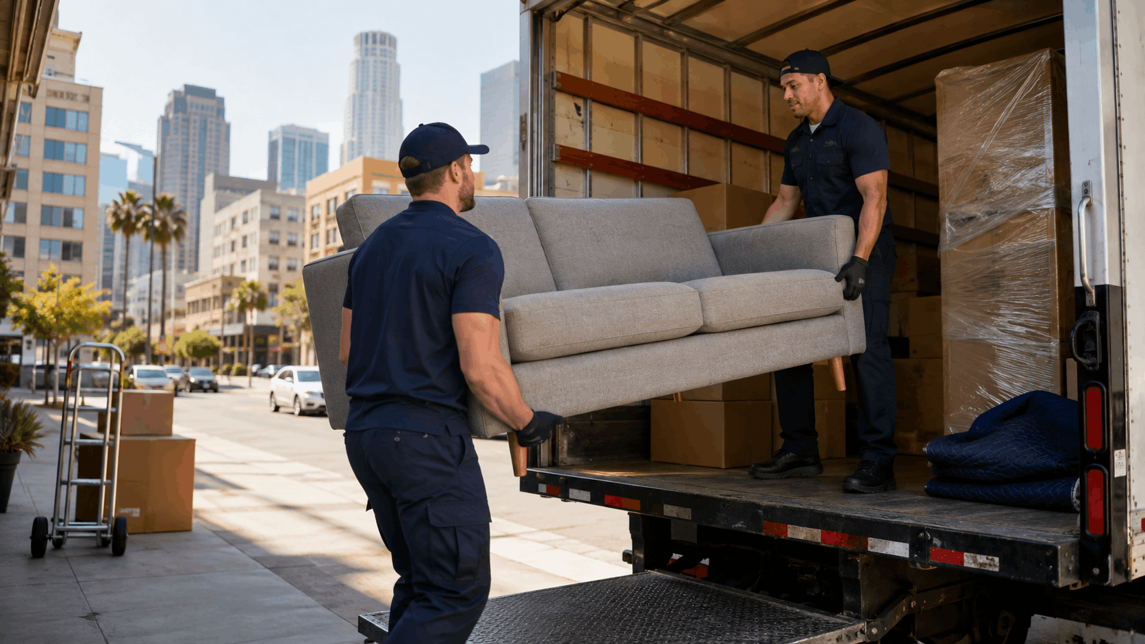 Two professional movers loading a gray sofa into a moving truck in Los Angeles