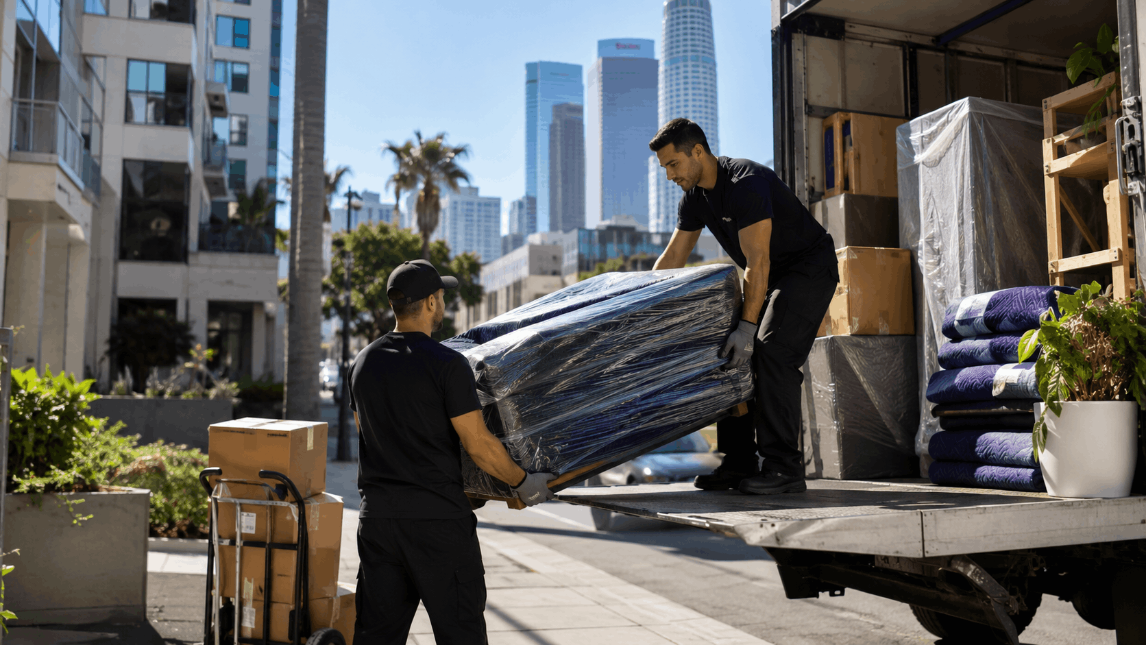 Two Popeye Moving workers unloading wrapped mattress from truck in downtown Los Angeles