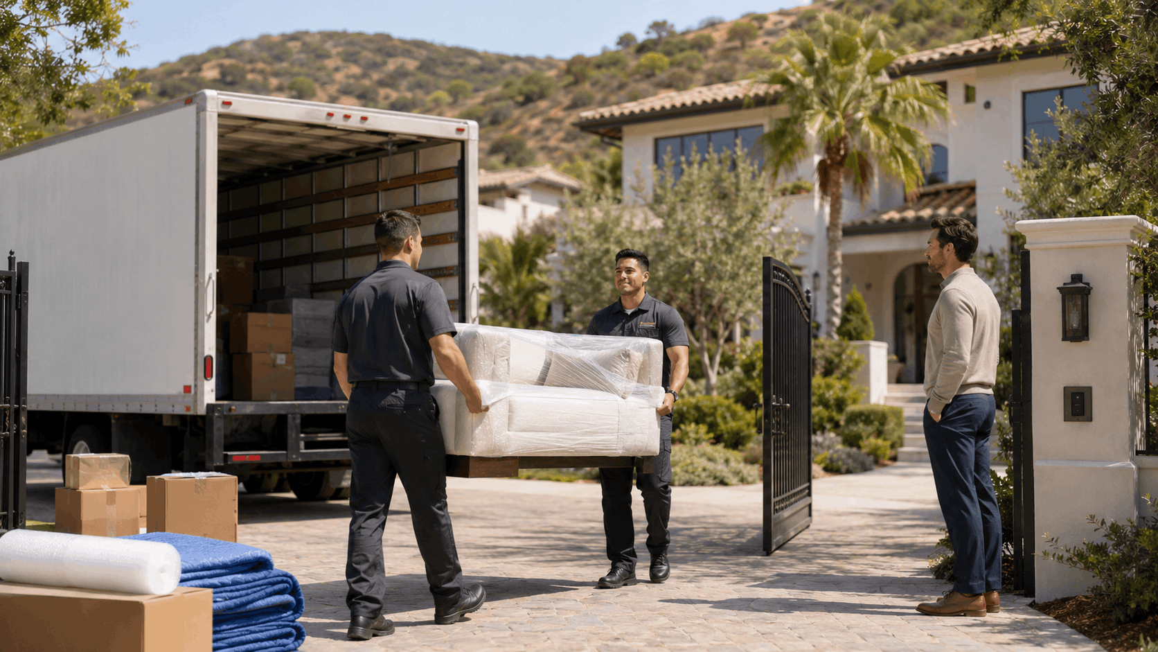 Two professional movers carrying wrapped sofa into Calabasas luxury gated estate