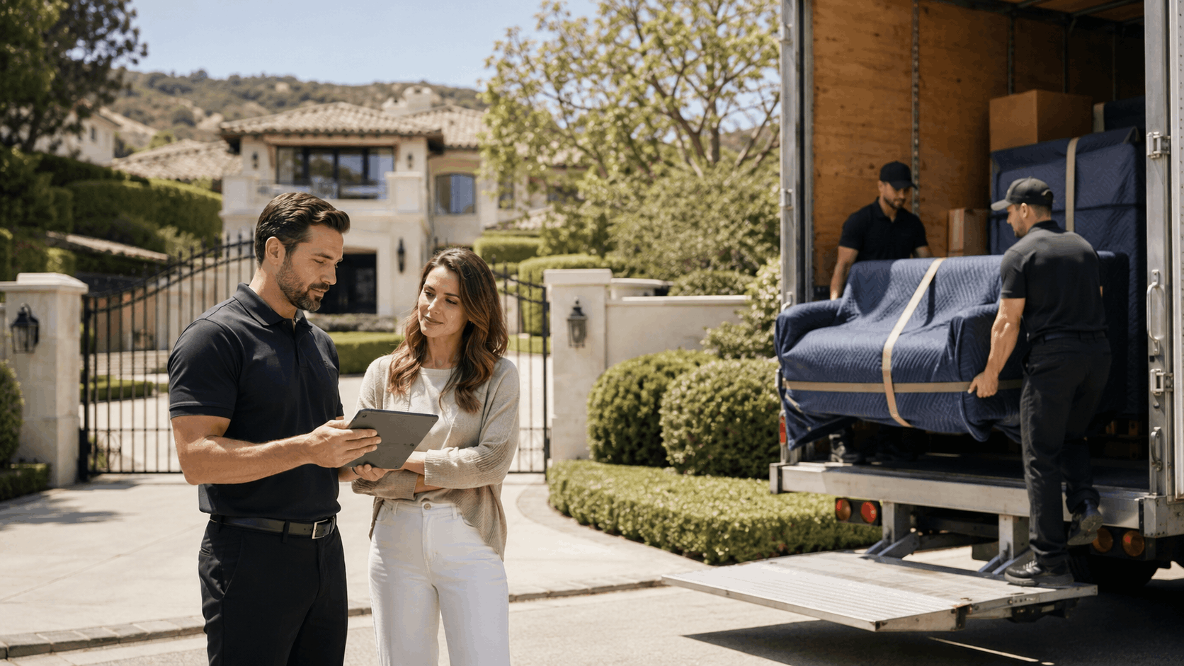 Professional movers unloading furniture from moving truck at luxury Los Angeles estate