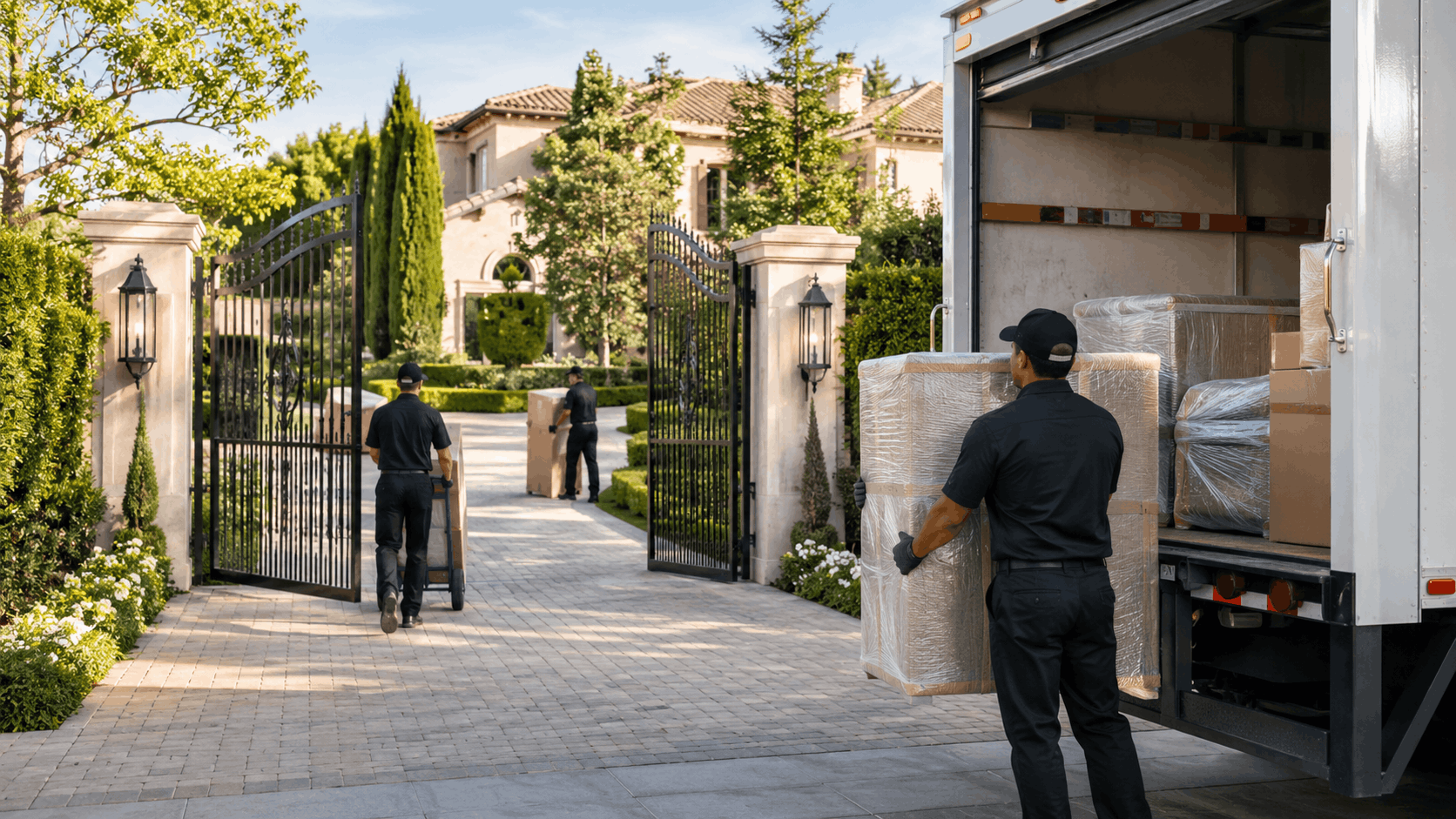 Professional movers unloading furniture from truck at luxury Calabasas gated estate