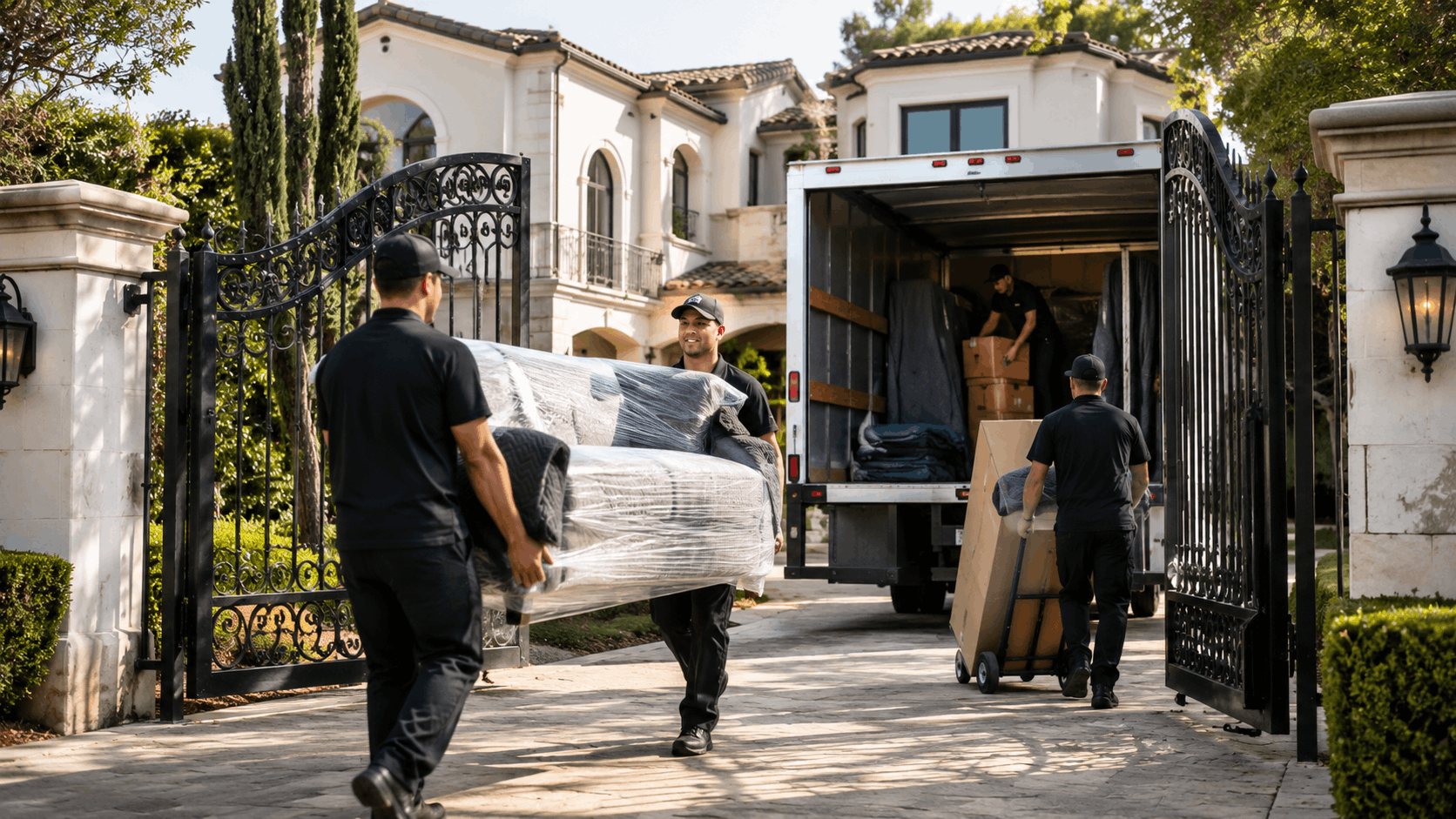 Professional movers unloading wrapped furniture from truck at luxury Calabasas estate gate