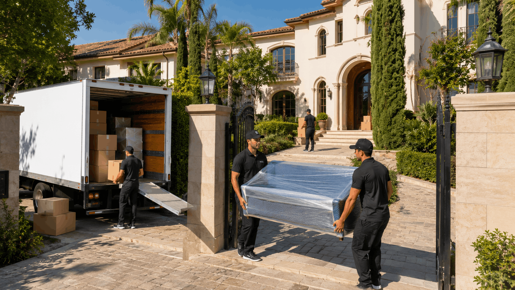 Professional Popeye Moving crew unloading furniture and boxes at luxury Los Angeles mansion