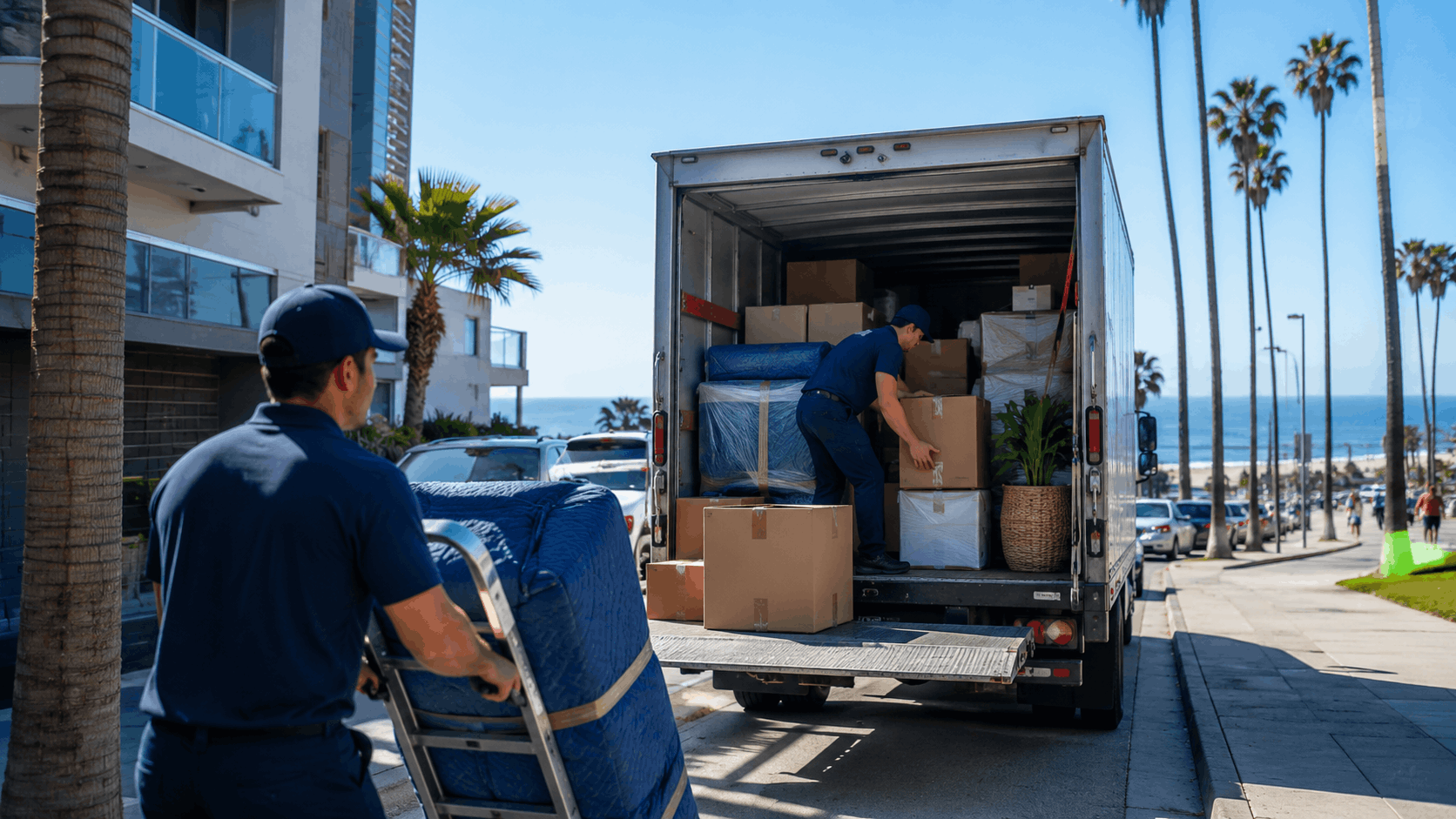 Two movers in blue uniforms unloading boxes from moving truck near Santa Monica beach