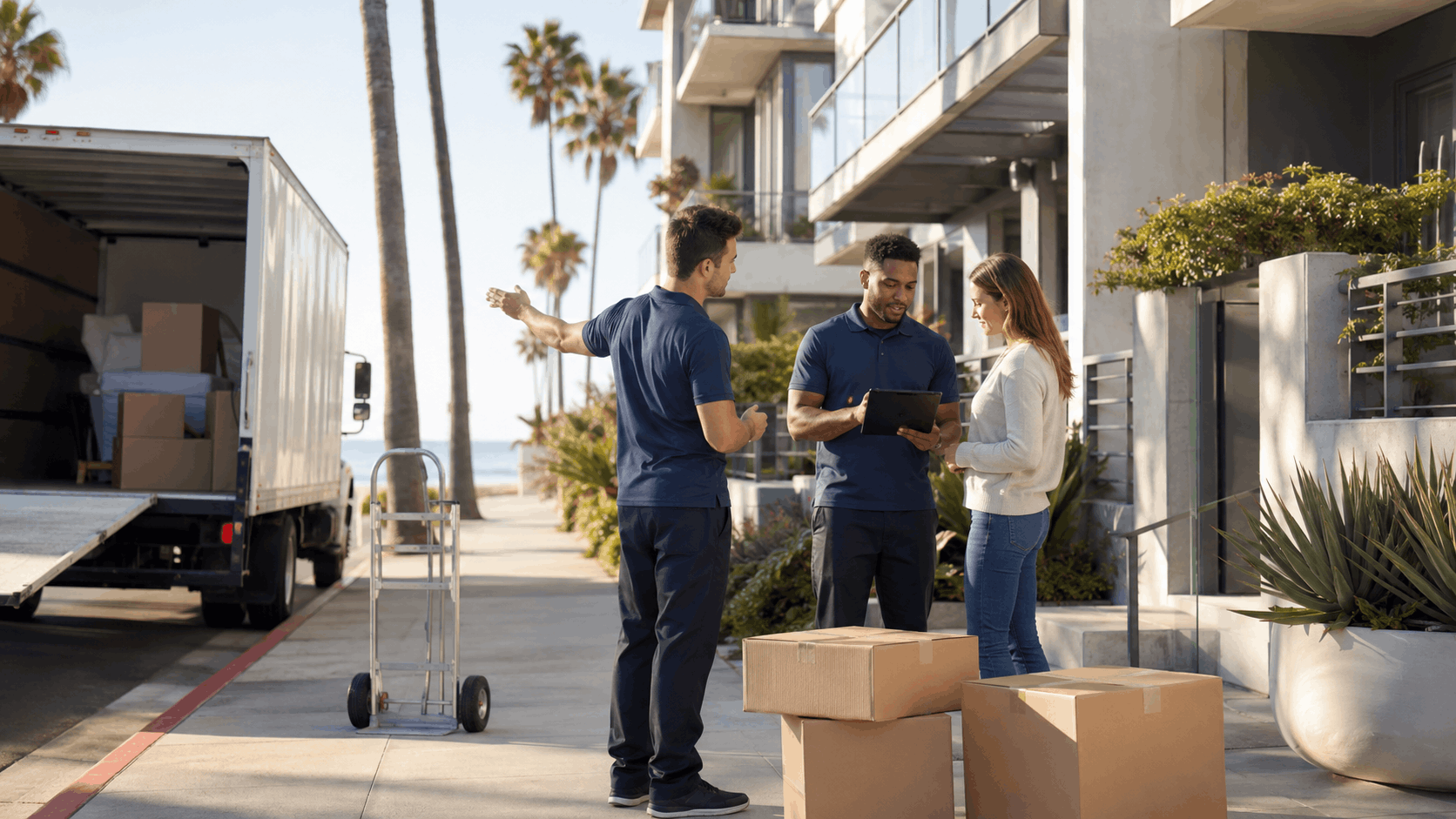 Two movers with clipboard discussing LA beach loading zone delivery with customer