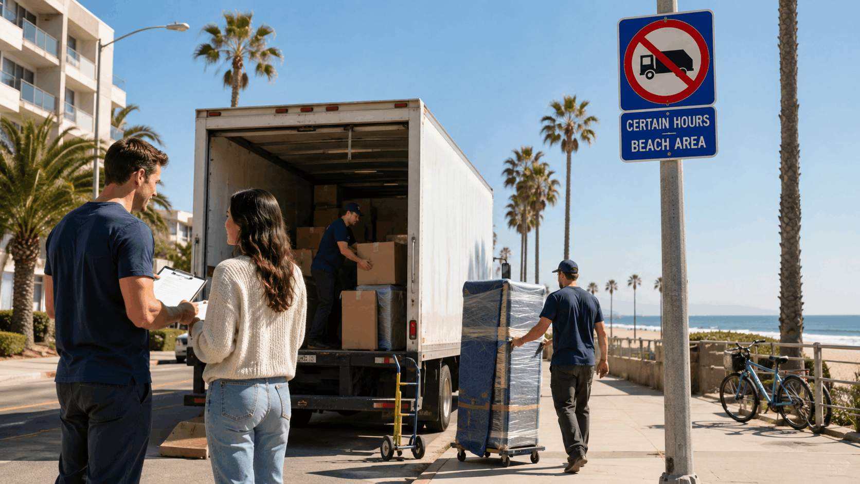 Movers unloading moving truck near beach area no-truck sign in Los Angeles