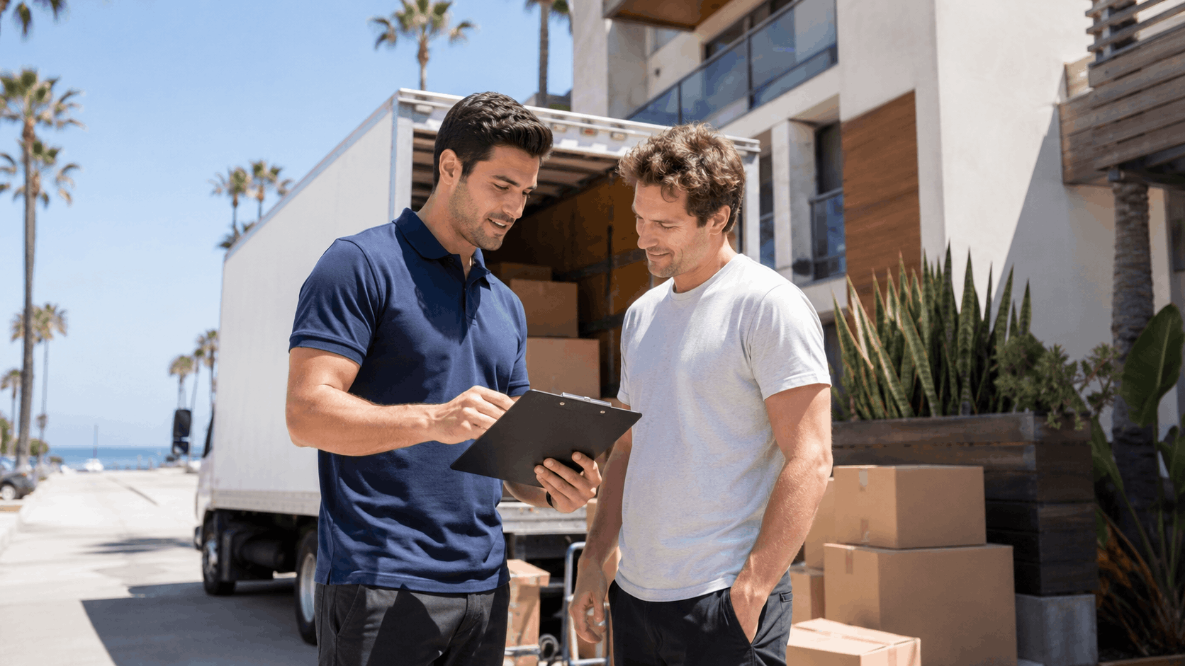 Popeye Moving crew reviewing clipboard with customer outside Santa Monica moving truck