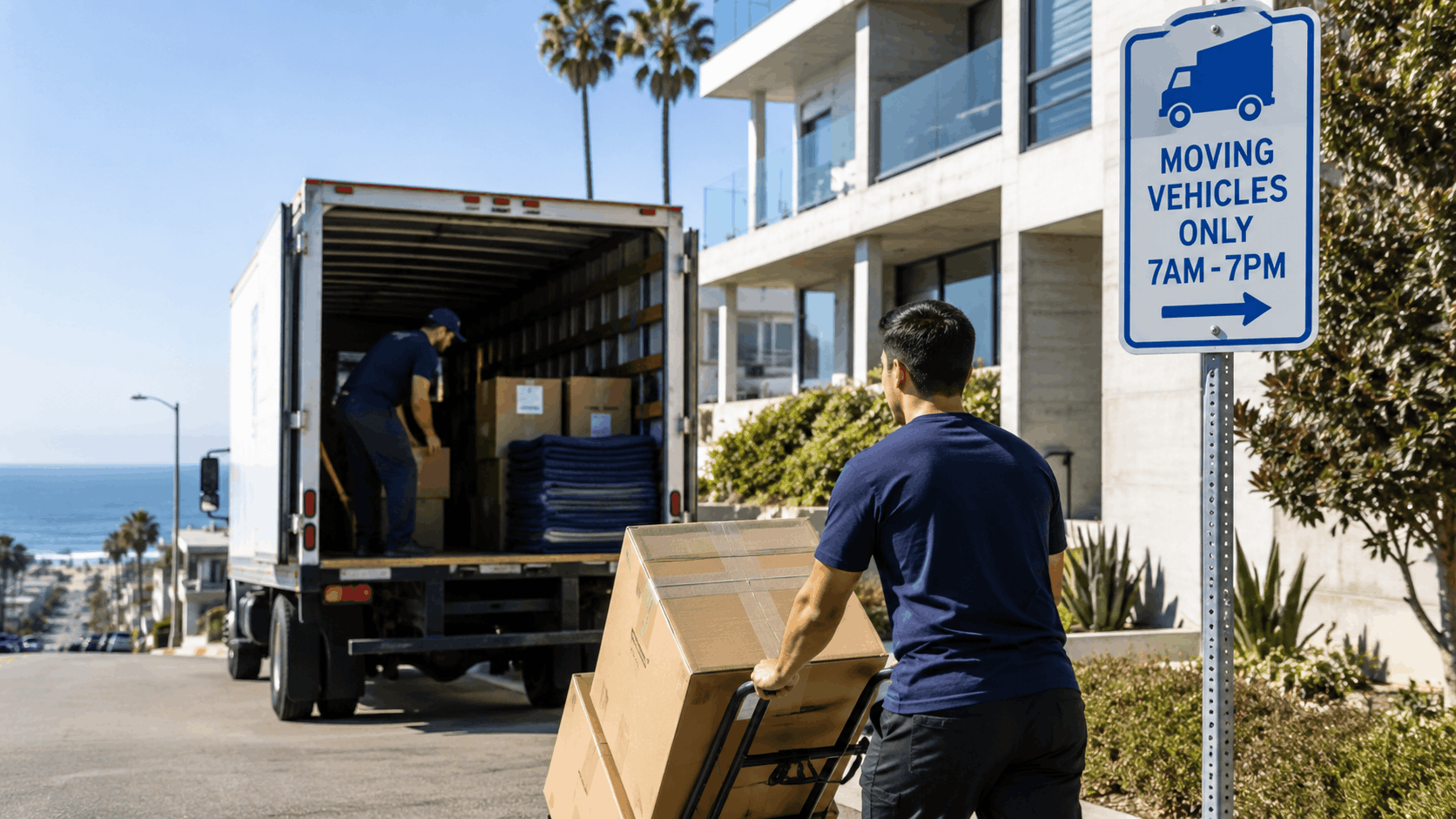 Two Popeye Moving crew members unloading boxes from truck near Los Angeles beachfront building