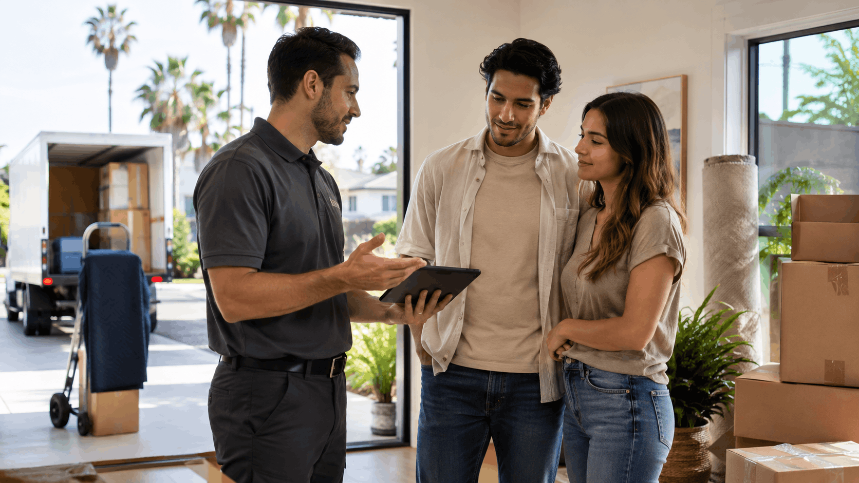 Moving company representative showing tablet to couple during local Los Angeles move