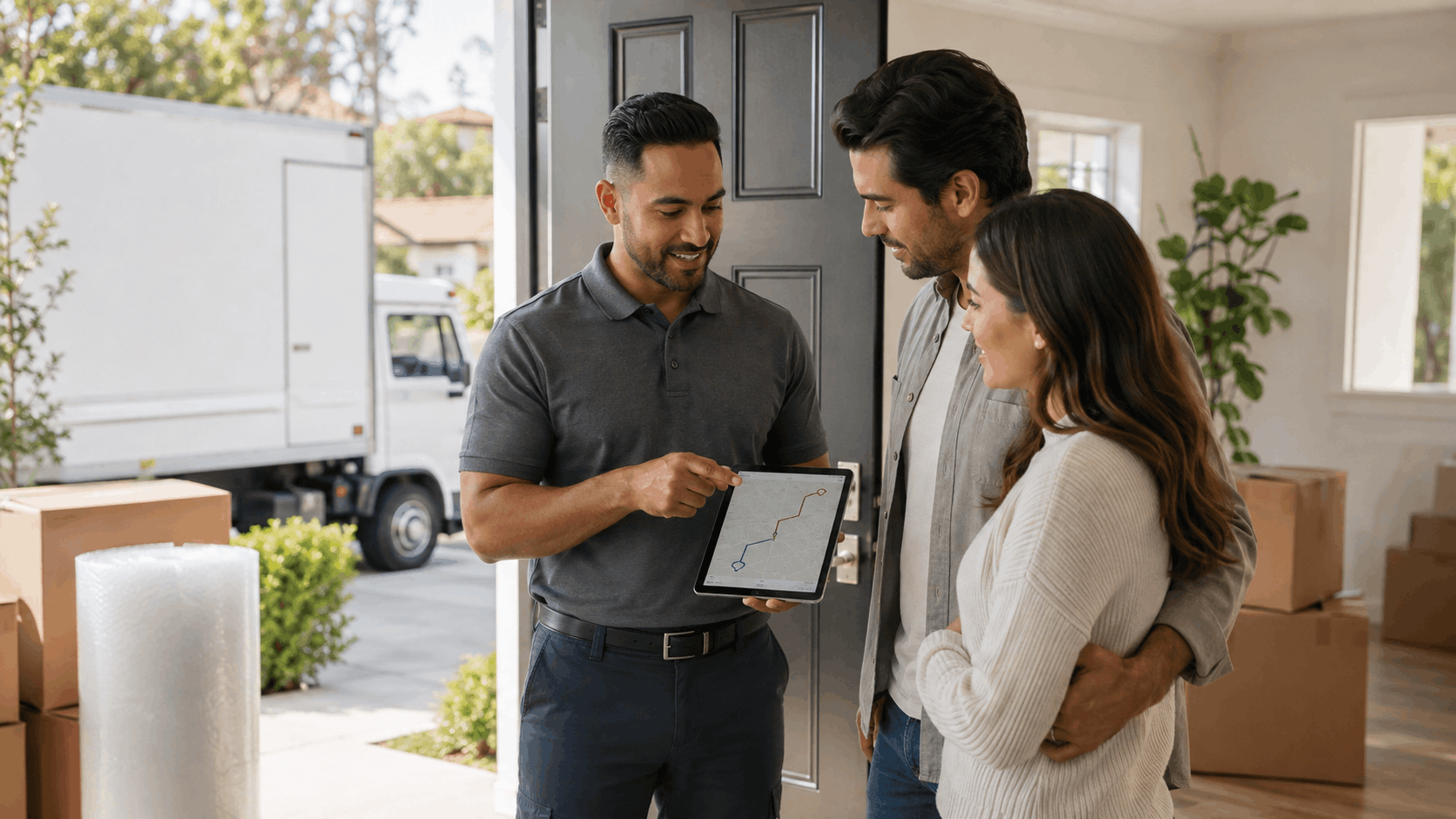 Moving company representative showing tablet with route map to couple at doorway