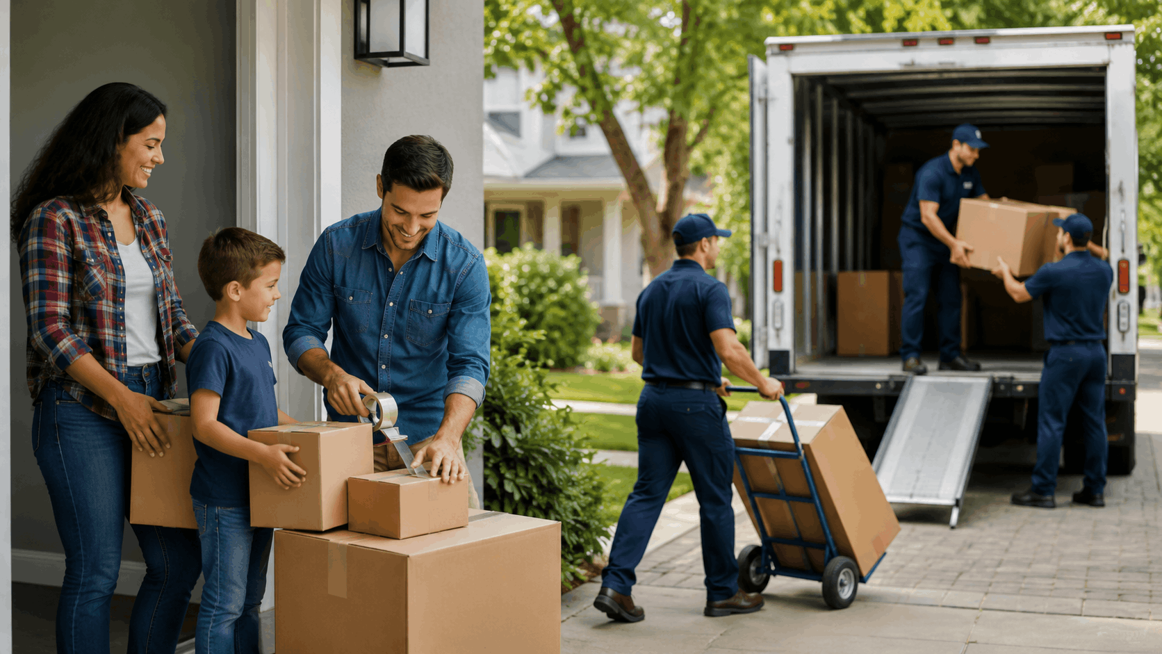 Happy family taping boxes while professional movers load moving truck outside home
