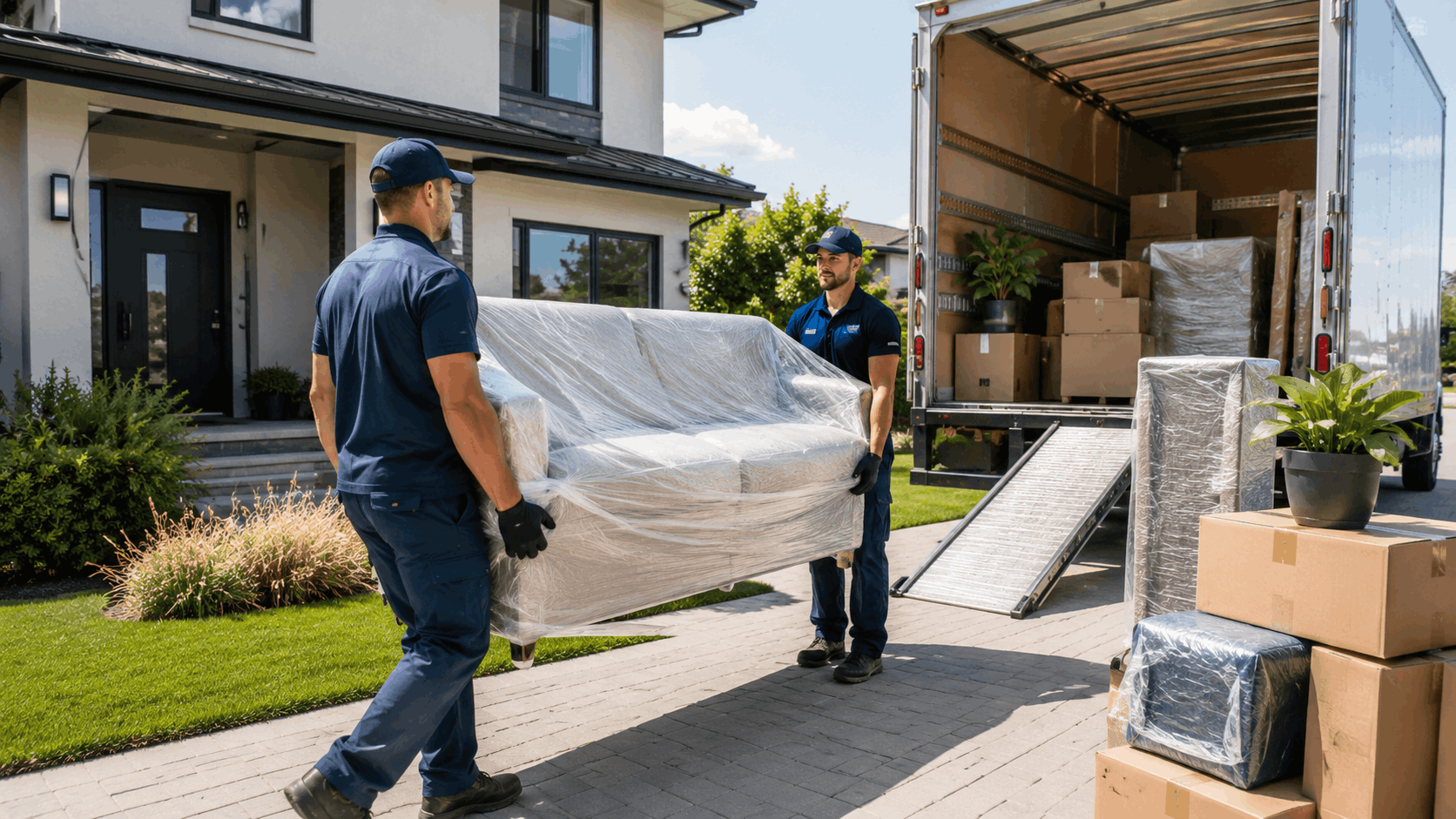 Two professional Popeye Moving & Storage movers carrying wrapped sofa into moving truck