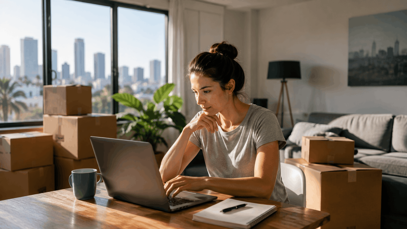 Woman sorting through moving boxes on laptop in sunny Los Angeles apartment