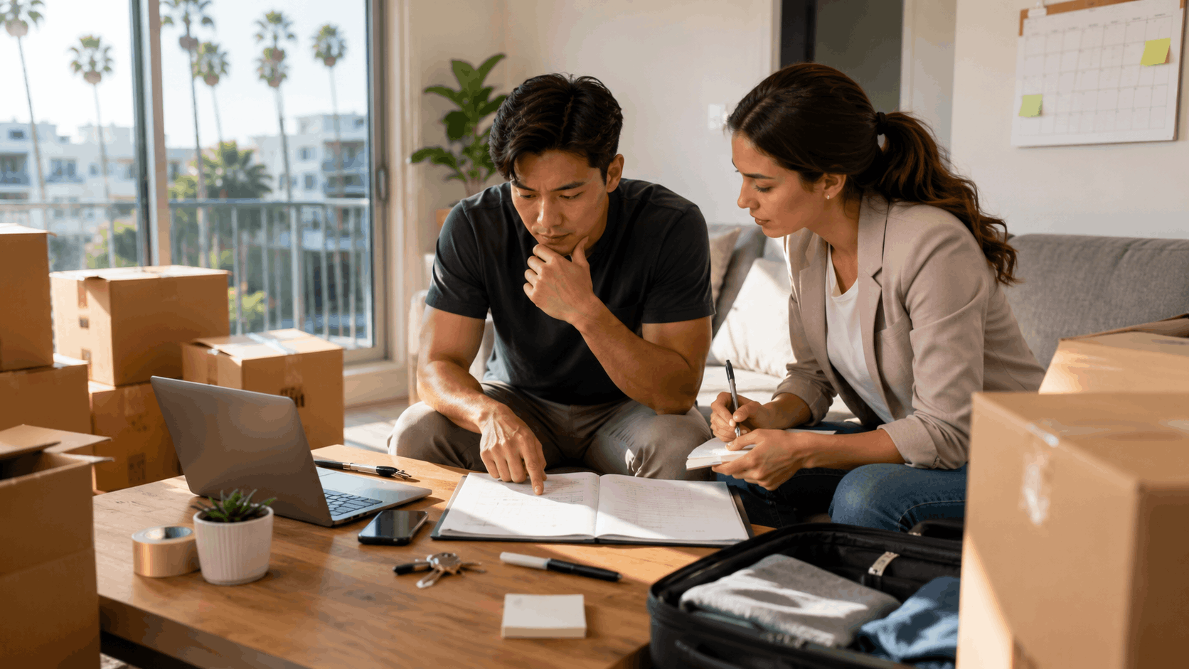 Couple reviewing moving paperwork and laptop surrounded by cardboard boxes in Los Angeles apartment