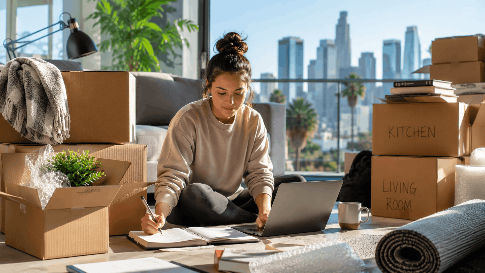 Young woman planning LA move surrounded by labeled cardboard boxes in modern apartment