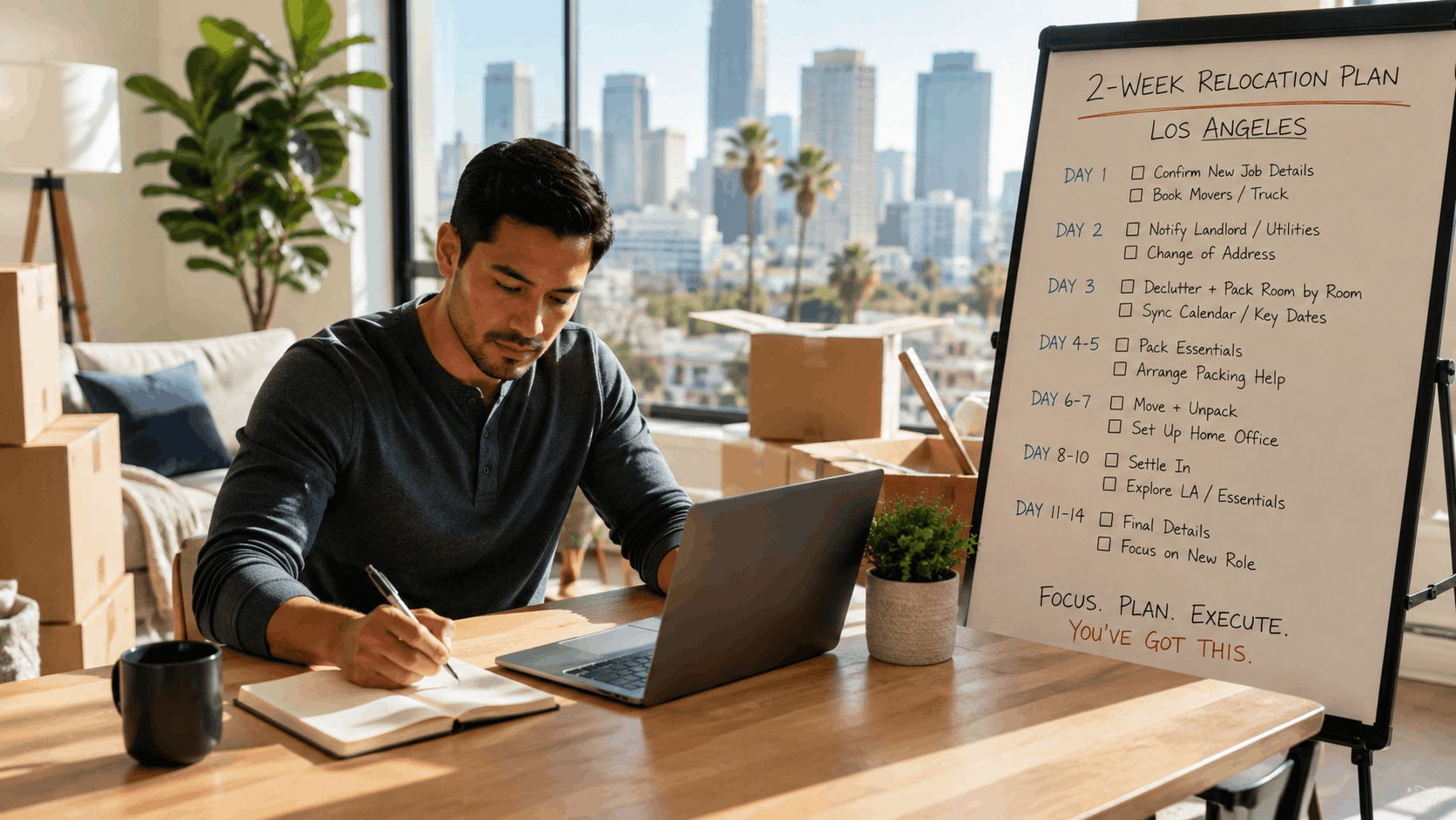 Man planning Los Angeles relocation with two-week moving checklist on whiteboard nearby
