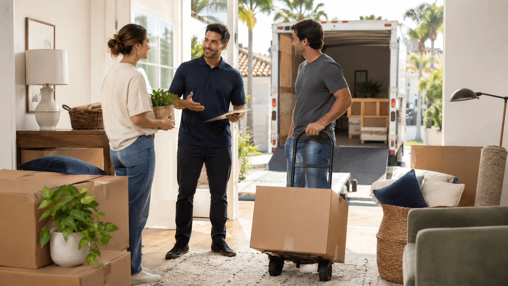 Professional movers helping woman unload boxes from moving truck in Los Angeles home