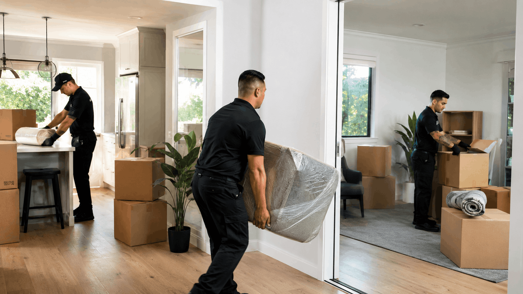 Professional movers in black uniforms packing furniture and boxes during Los Angeles relocation