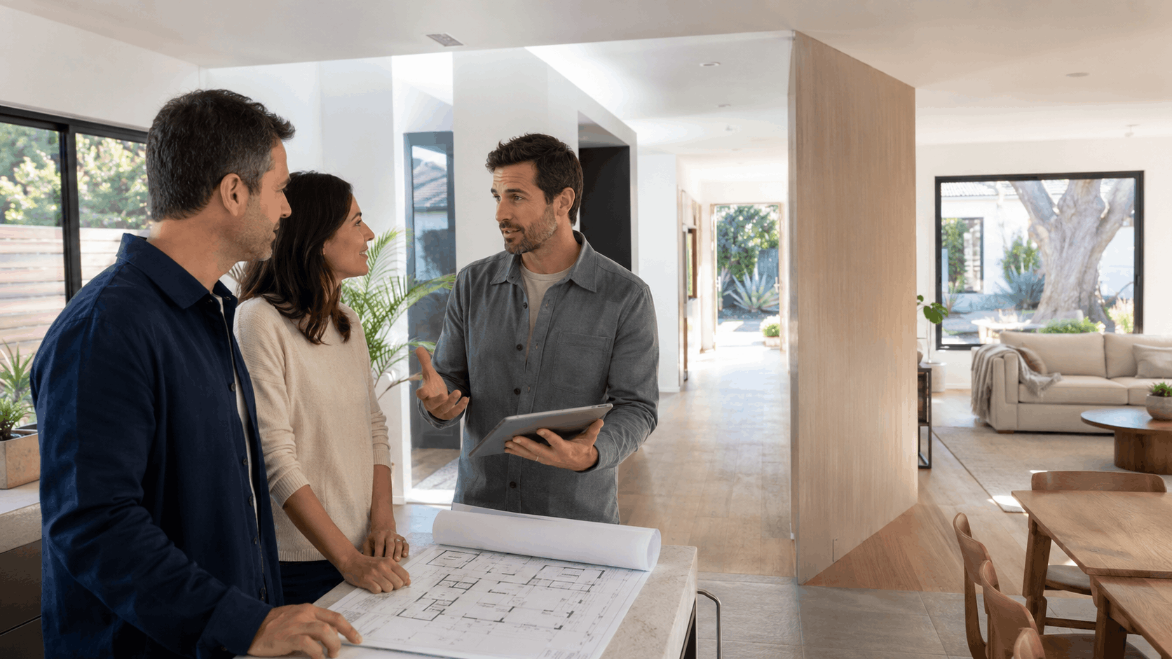 Real estate agent showing blueprints and tablet to couple in modern Los Angeles home