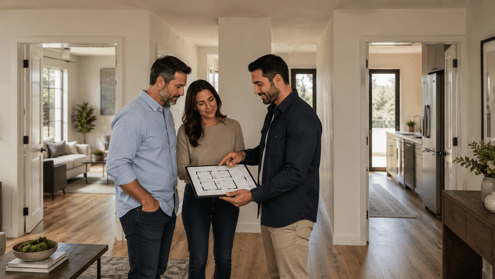 Real estate agent showing divorce couple floor plans during LA property division consultation