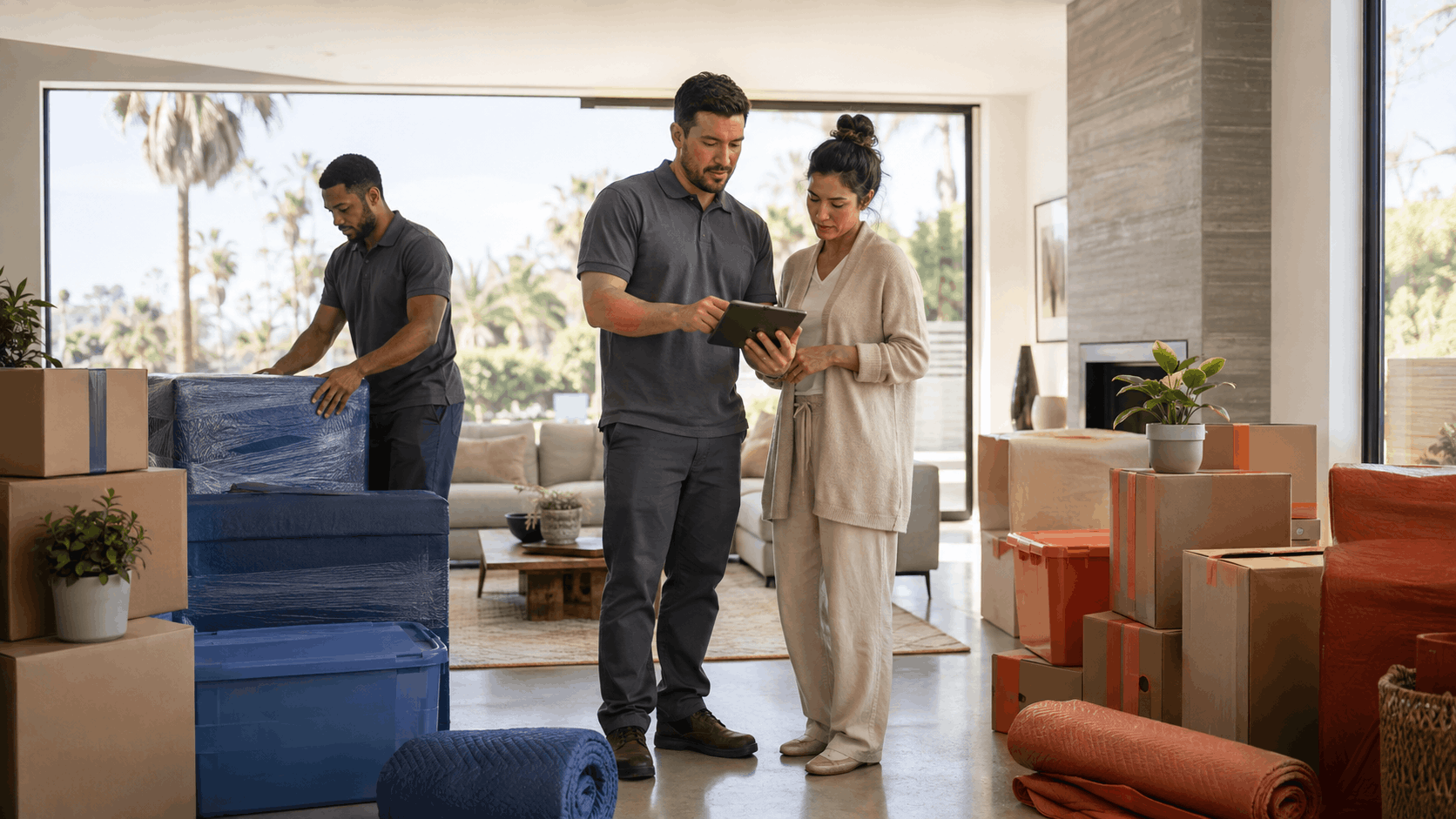 Professional movers helping woman review inventory checklist on tablet during Los Angeles relocation