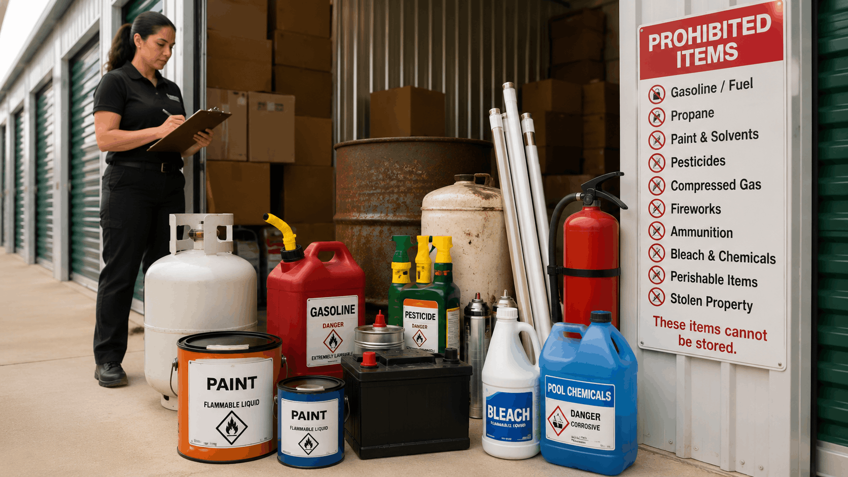 Storage facility worker inspecting prohibited hazardous items including paint gasoline bleach and propane