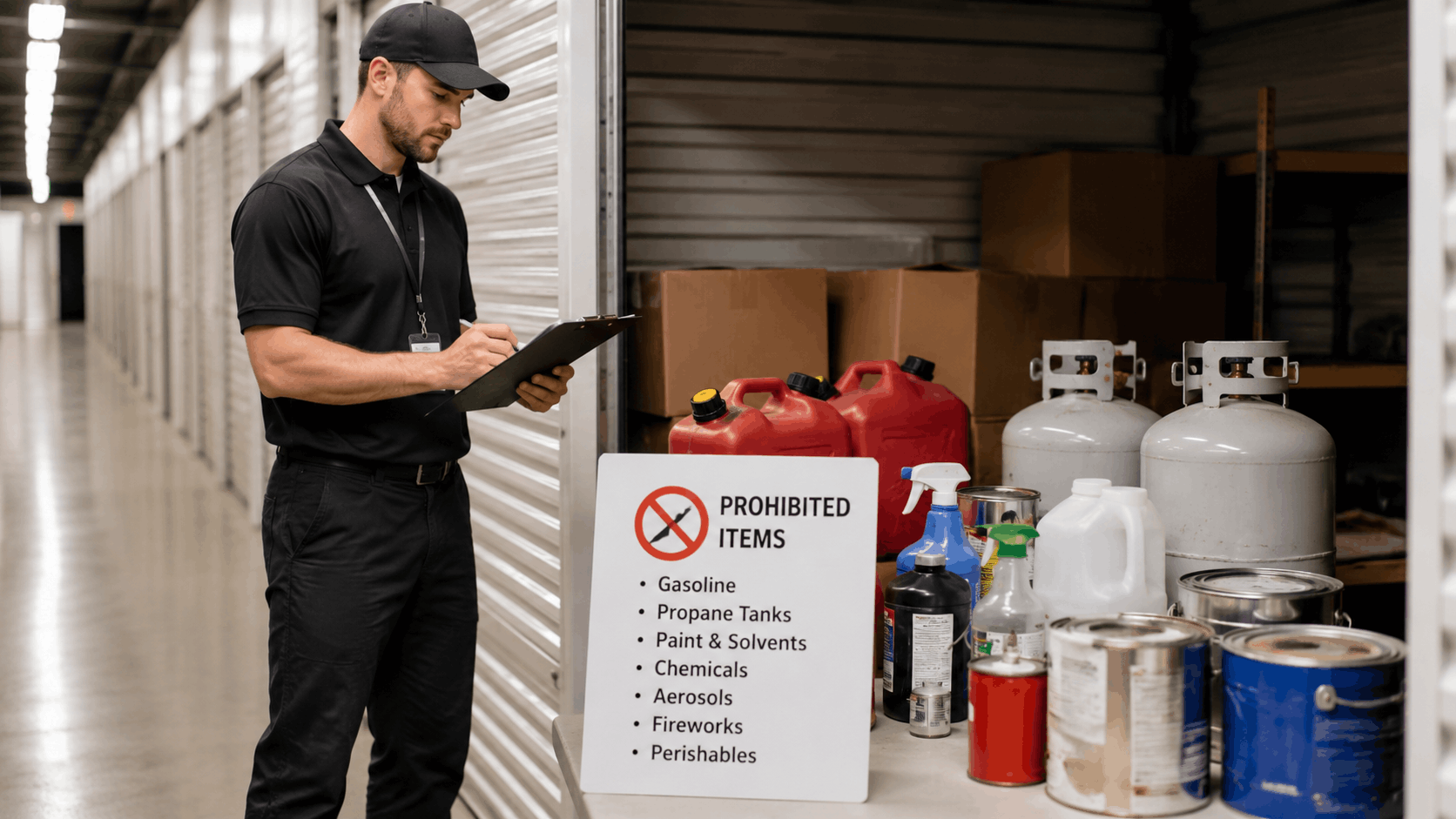Storage facility worker inspecting prohibited hazardous items including gasoline cans and propane tanks
