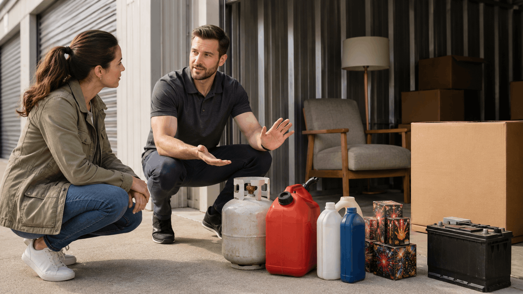 Storage facility manager explaining prohibited hazardous items including propane tank gasoline fireworks and car battery to customer