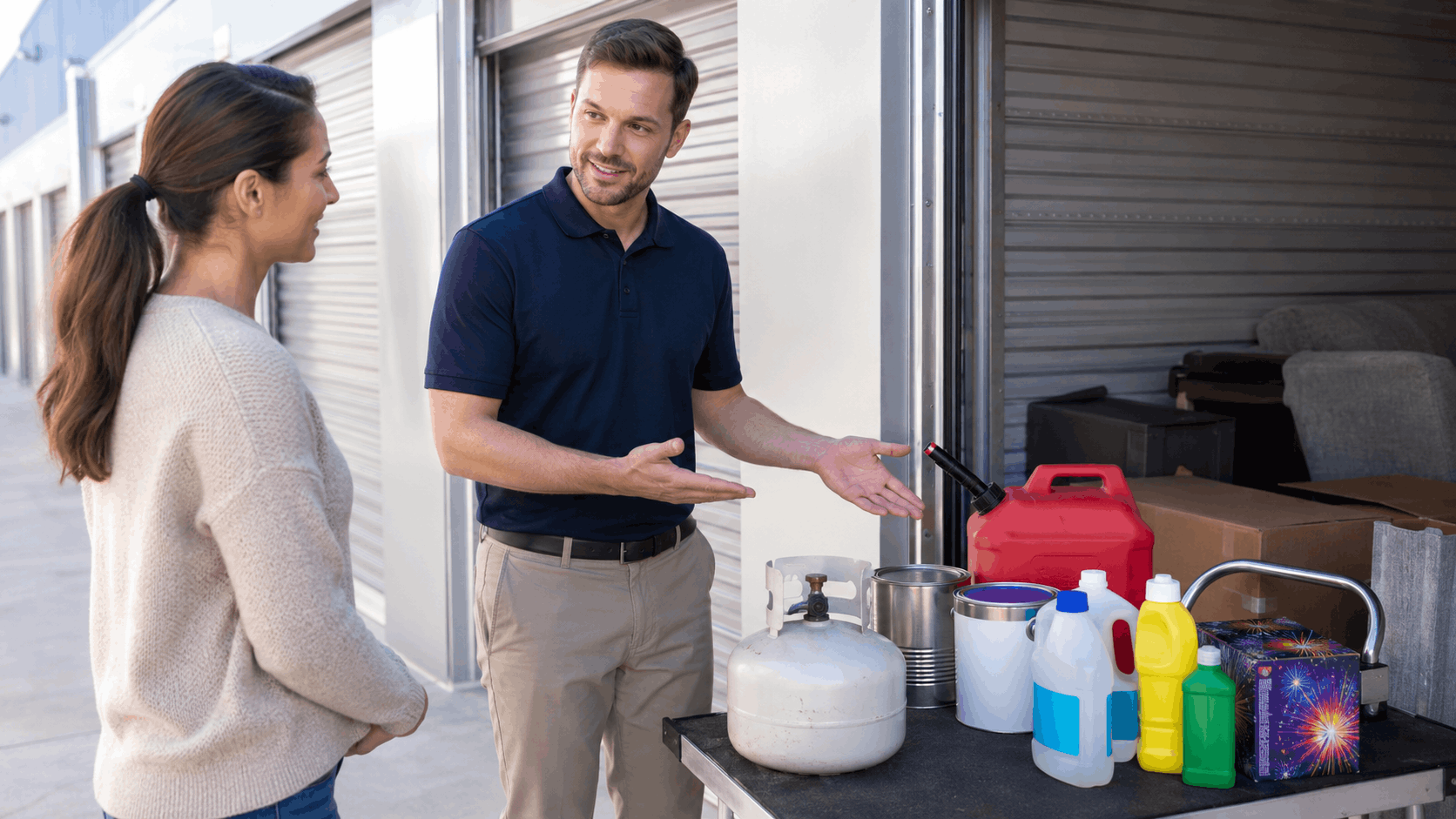Storage facility employee explaining prohibited hazardous items policy to female customer outdoors