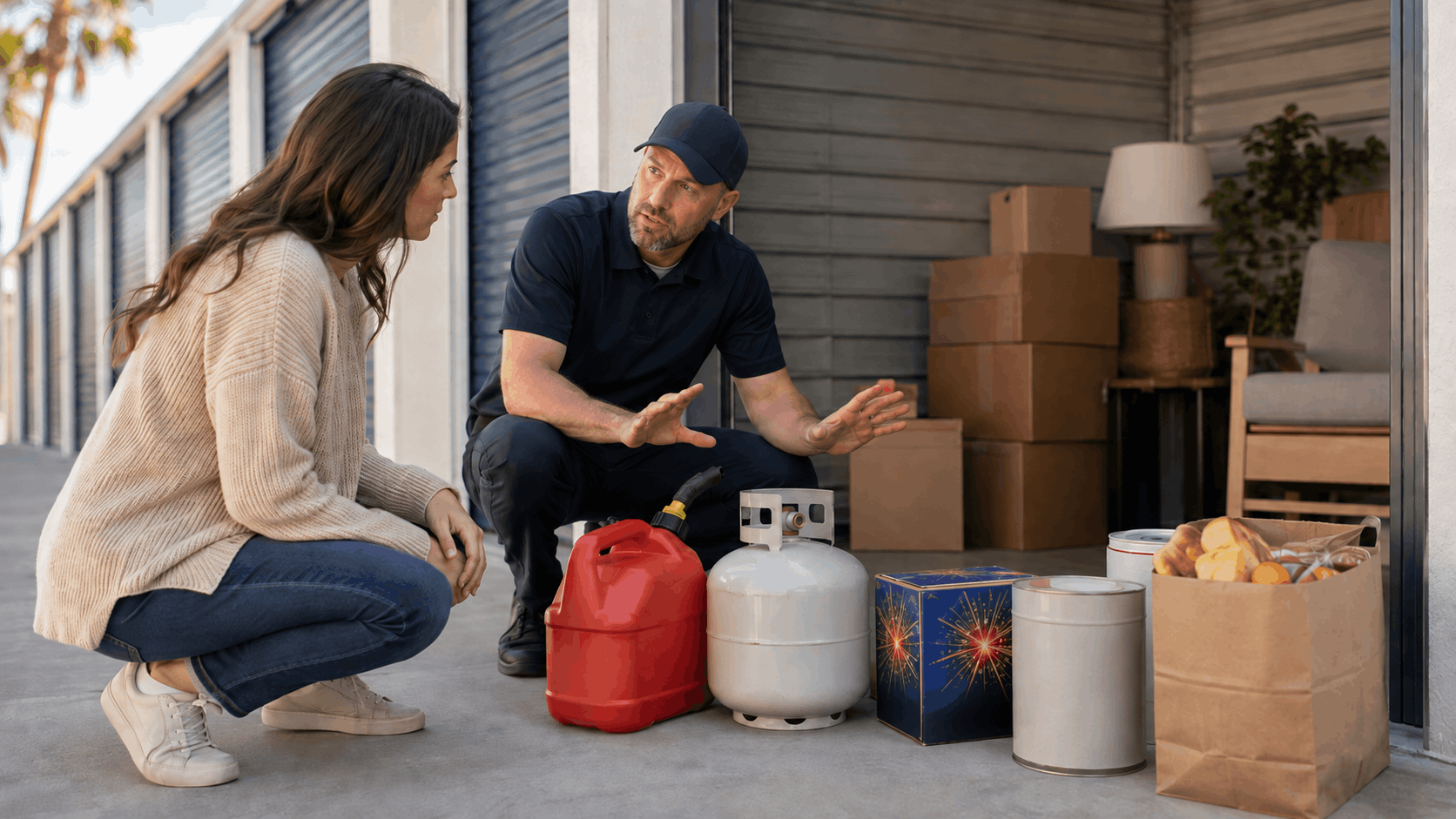 Storage facility manager explaining prohibited items to customer including gas can propane tank and fireworks