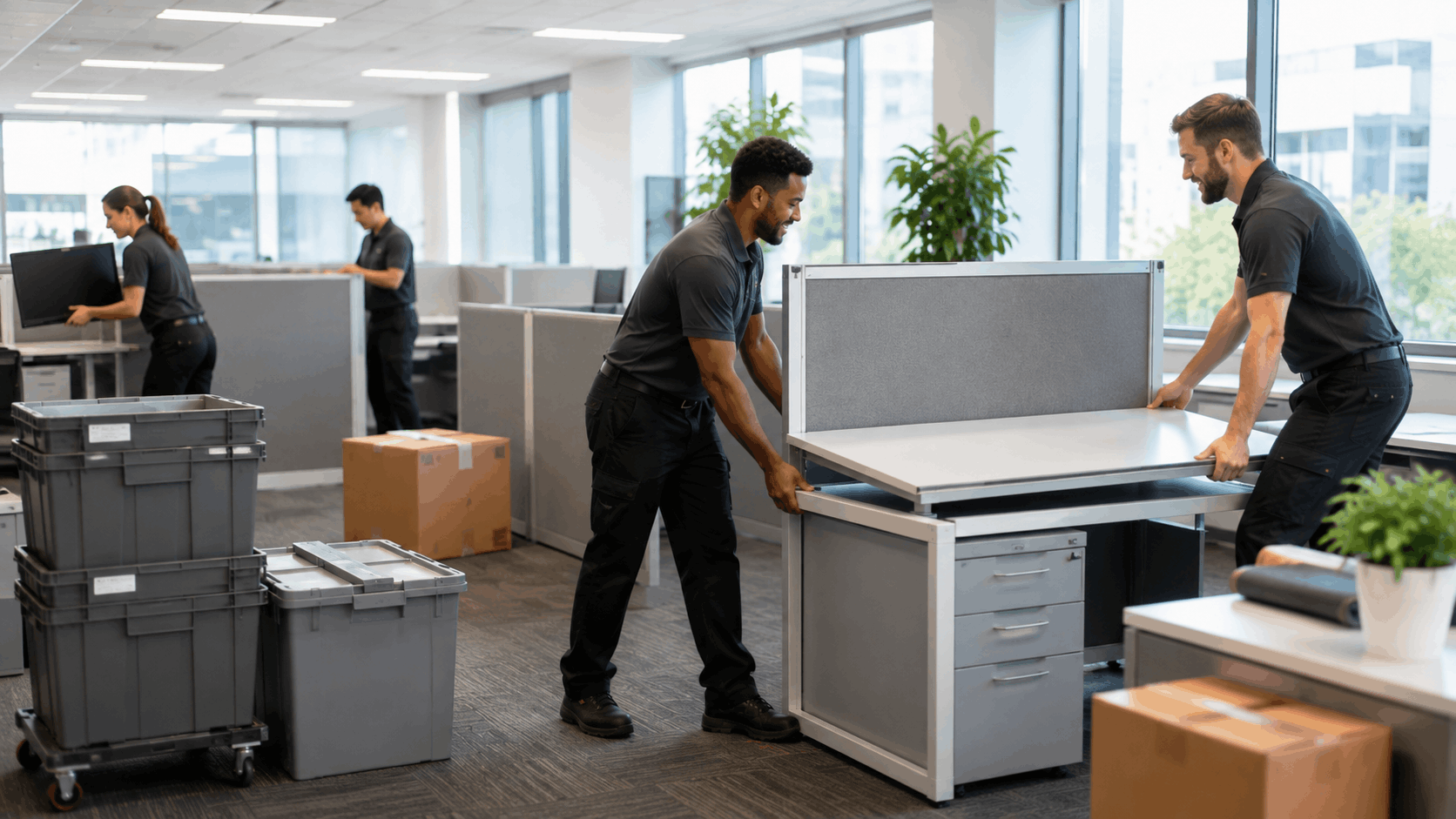 Professional movers relocating office furniture and cubicles in Los Angeles workspace