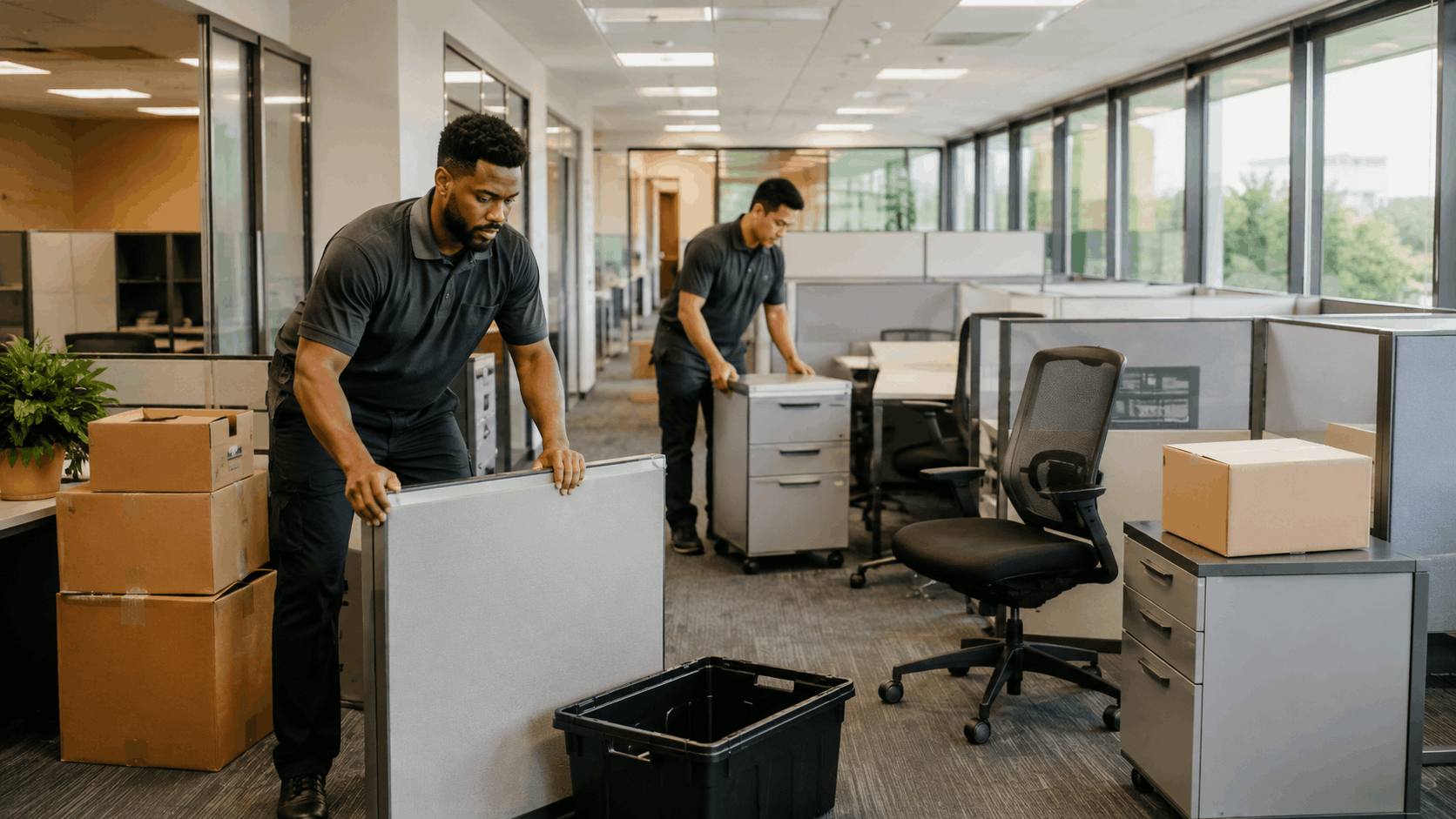Two professional movers relocating office furniture and boxes during business hours