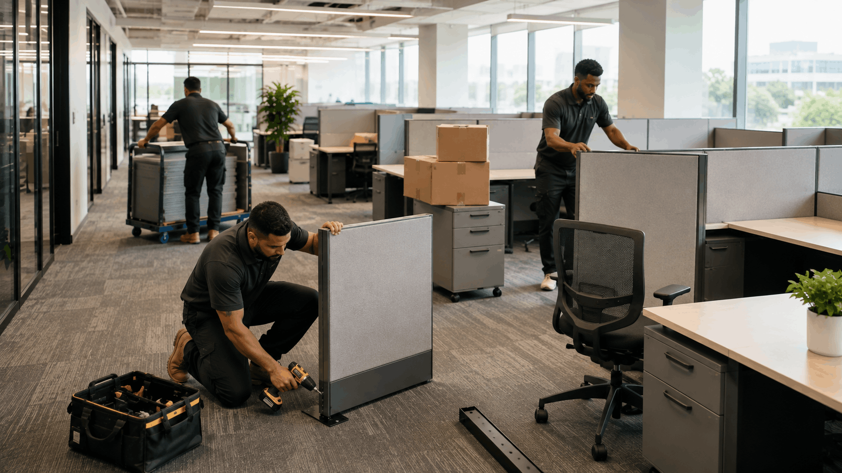 Three movers assembling and relocating office cubicles and furniture during commercial downsize
