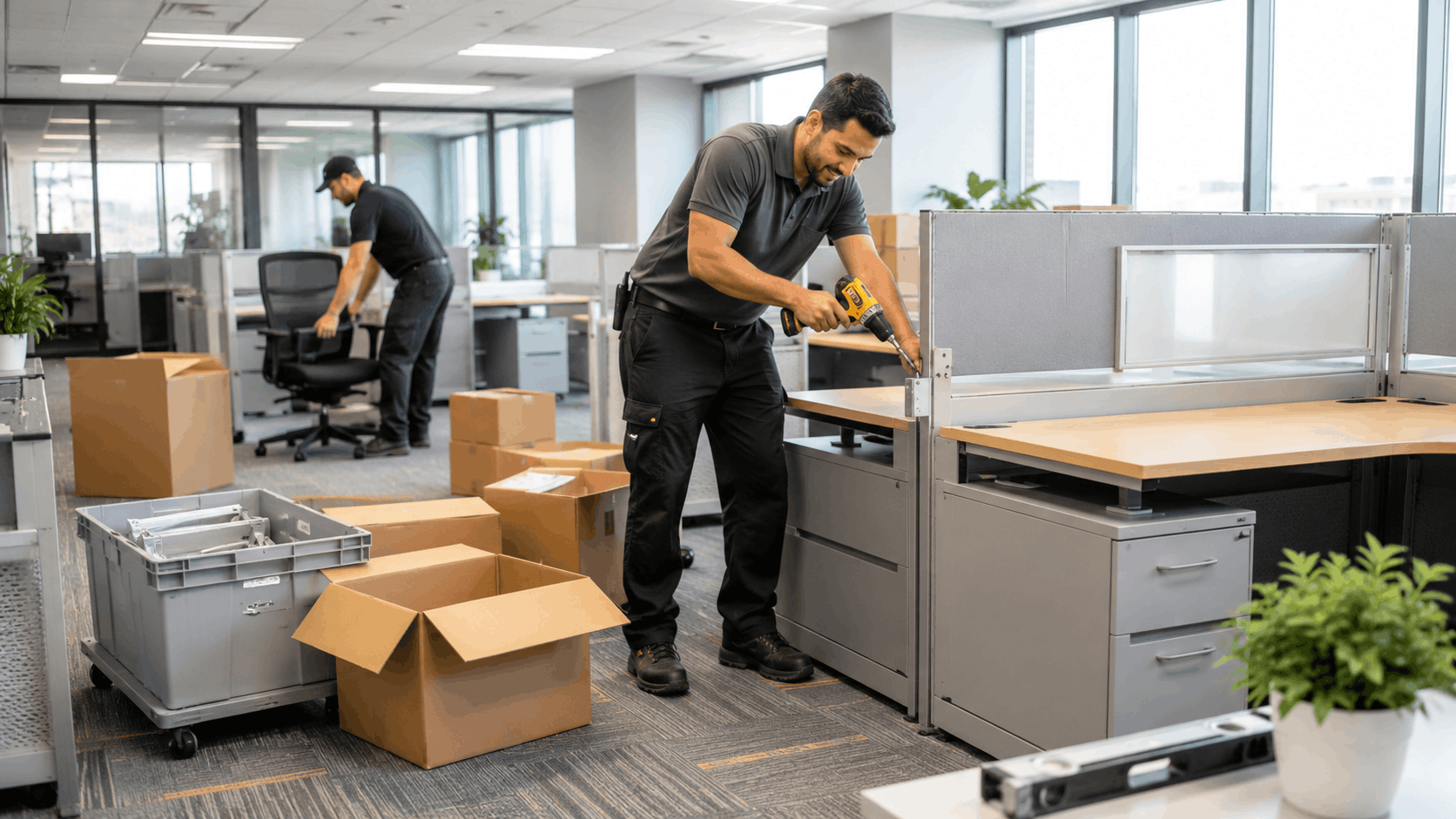 Two professional office movers assembling cubicles and furniture with power drill in Los Angeles