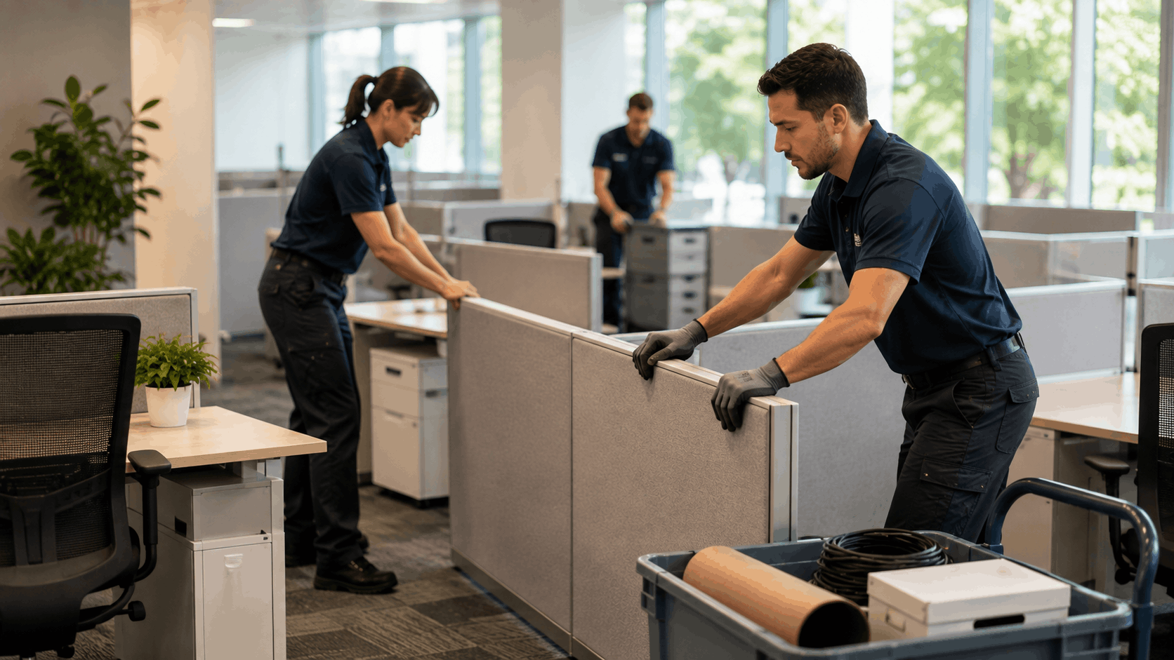 Professional movers relocating office cubicles and furniture in Los Angeles commercial workspace
