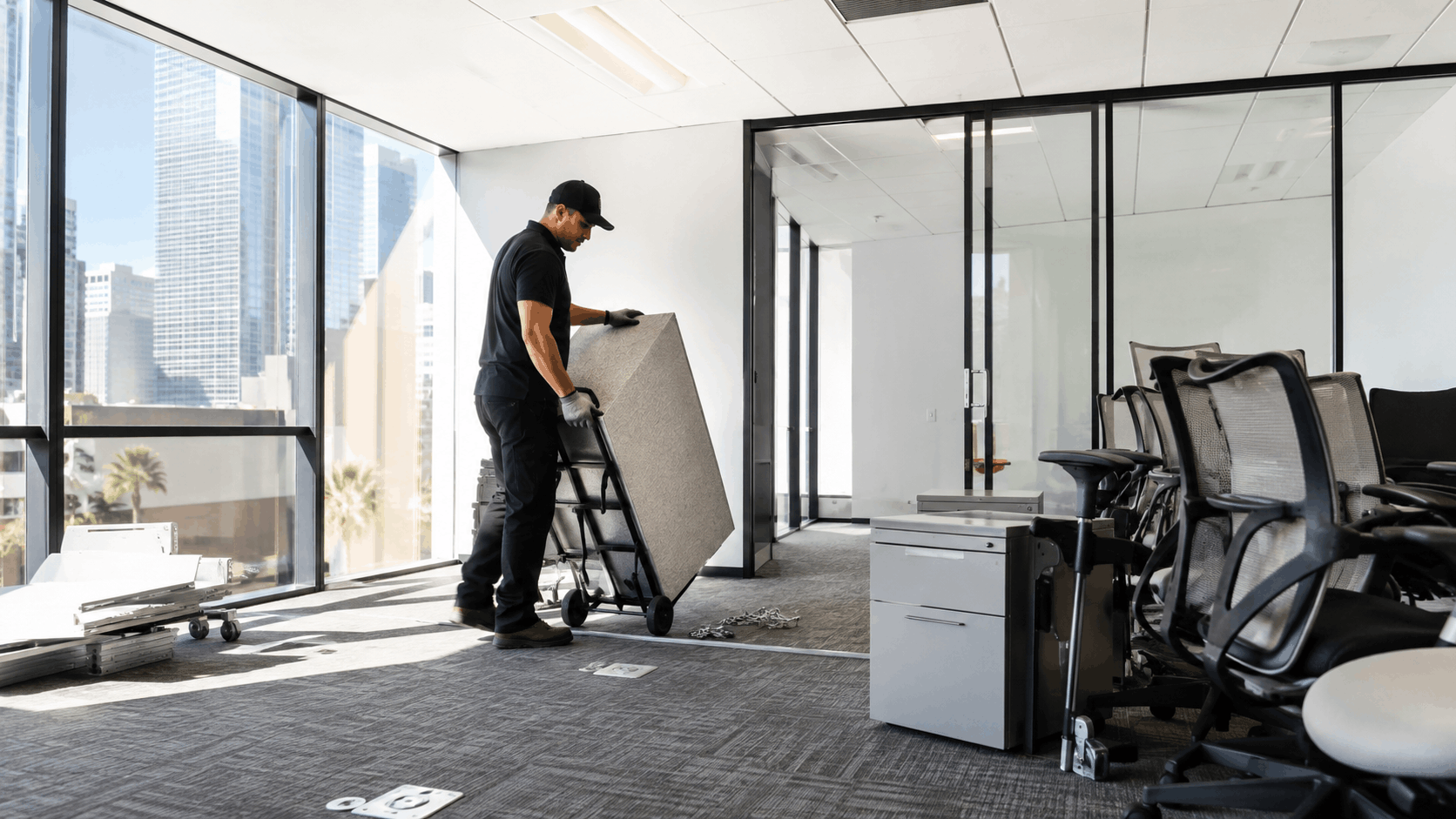 Office decommissioning worker moving furniture with dolly in Los Angeles high-rise