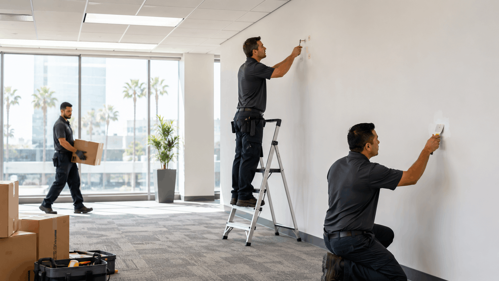 Three movers decommissioning LA office space installing fixtures and carrying boxes