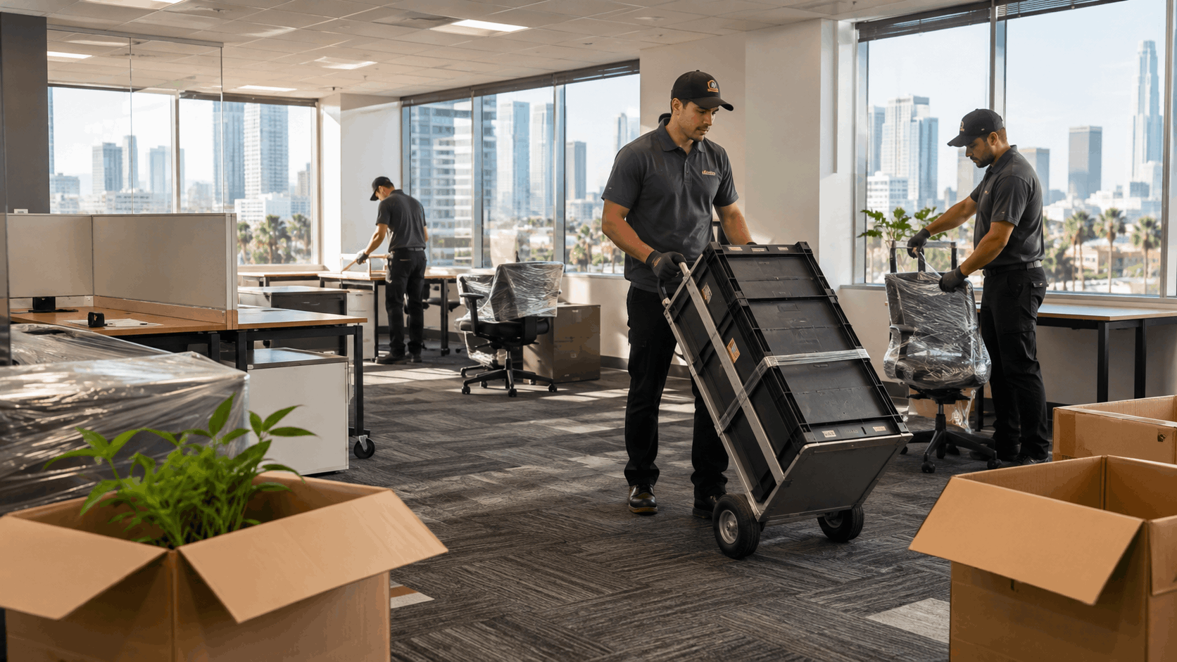 Professional movers relocating office furniture and equipment in Los Angeles high-rise