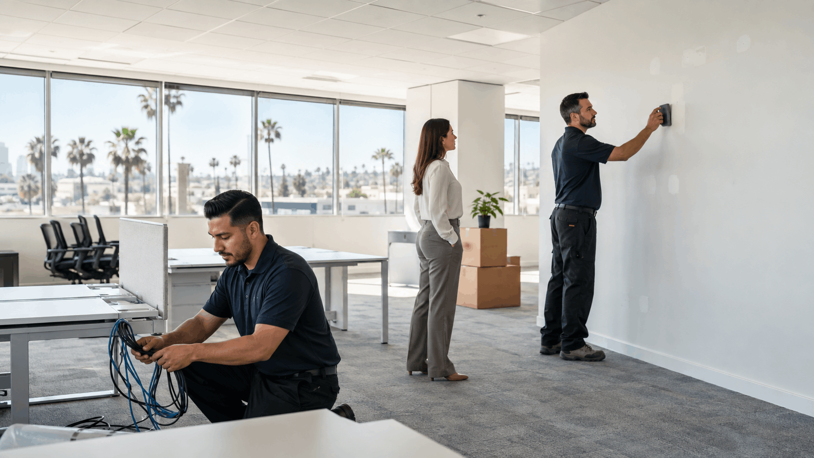 Los Angeles office decommissioning crew installing equipment and managing cables during relocation