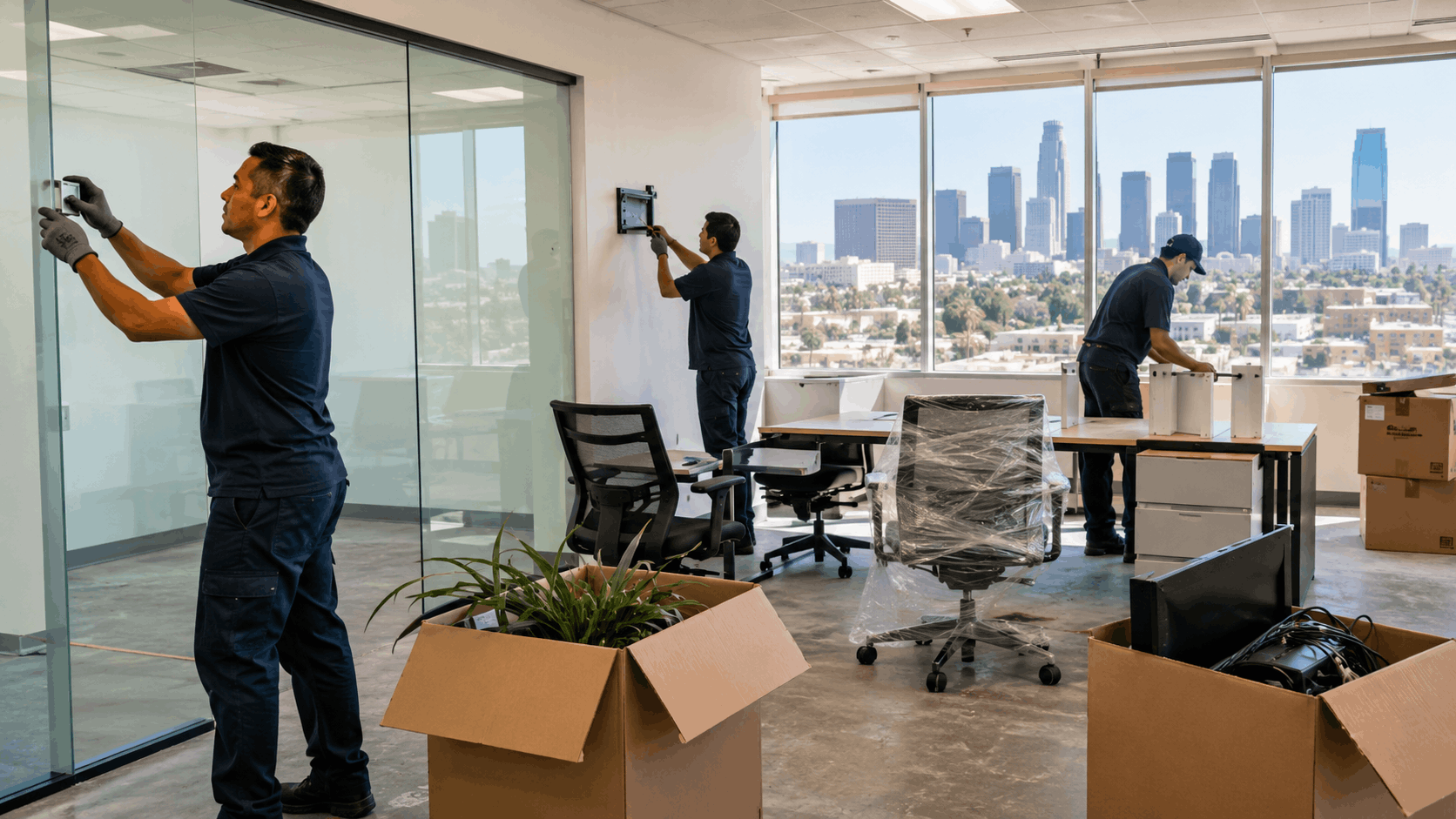 Three Popeye Moving crew members relocating office furniture and boxes in Los Angeles high-rise