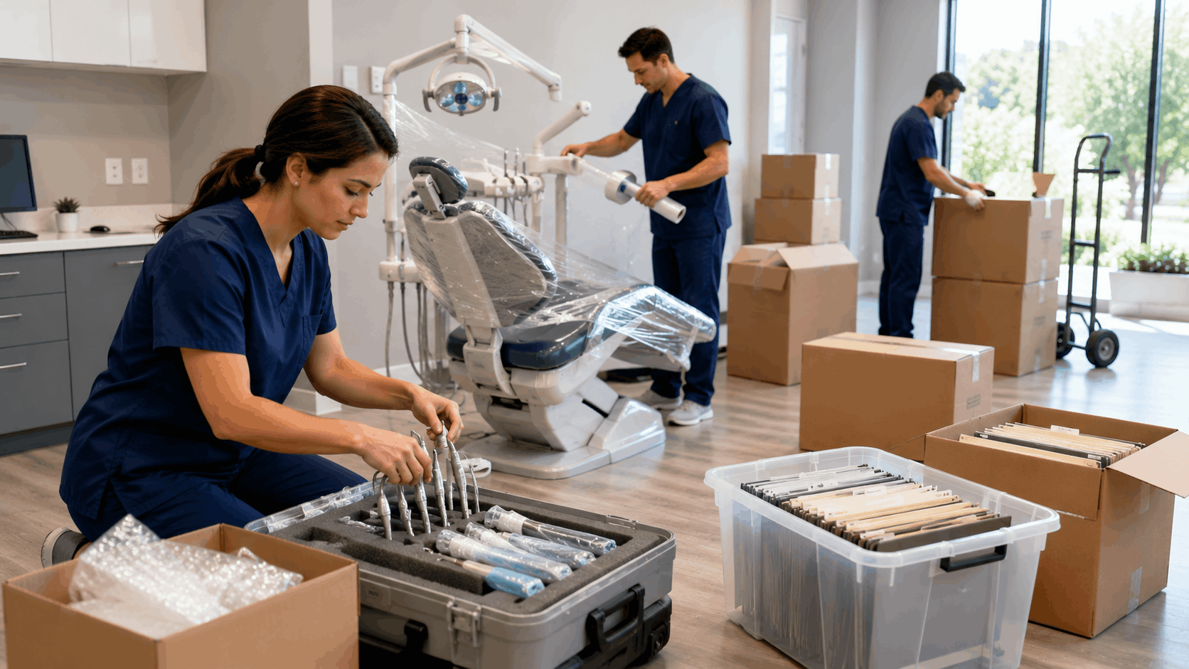 Dental staff in scrubs packing equipment and instruments during Los Angeles practice relocation