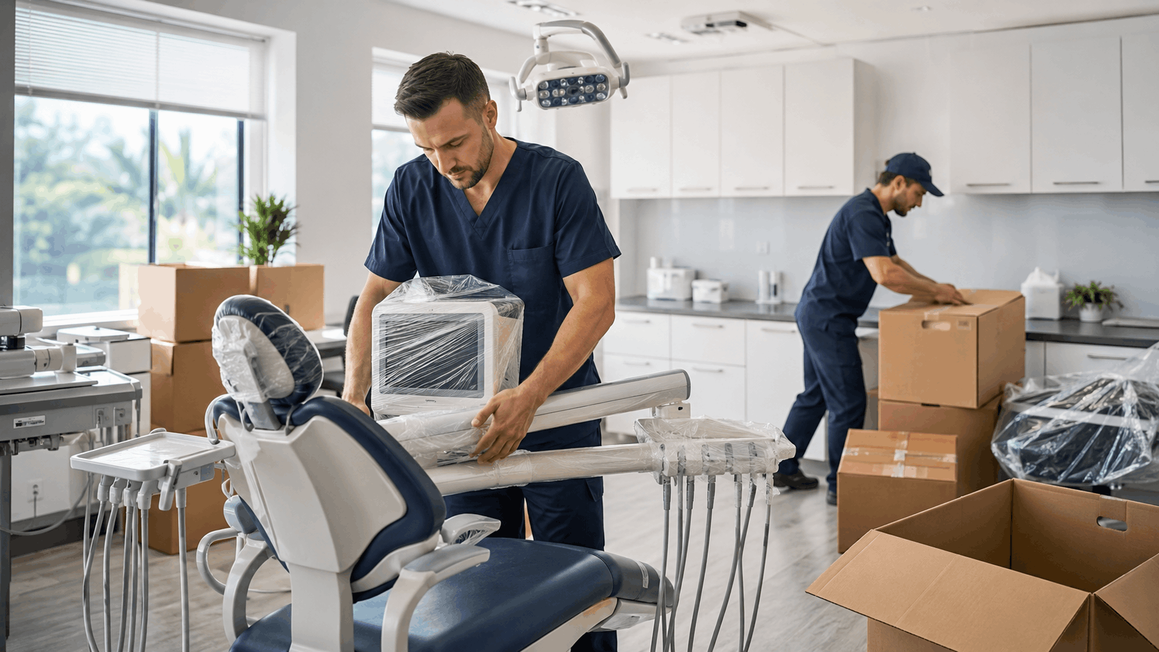 Dental office relocation with staff unpacking medical equipment and cardboard boxes